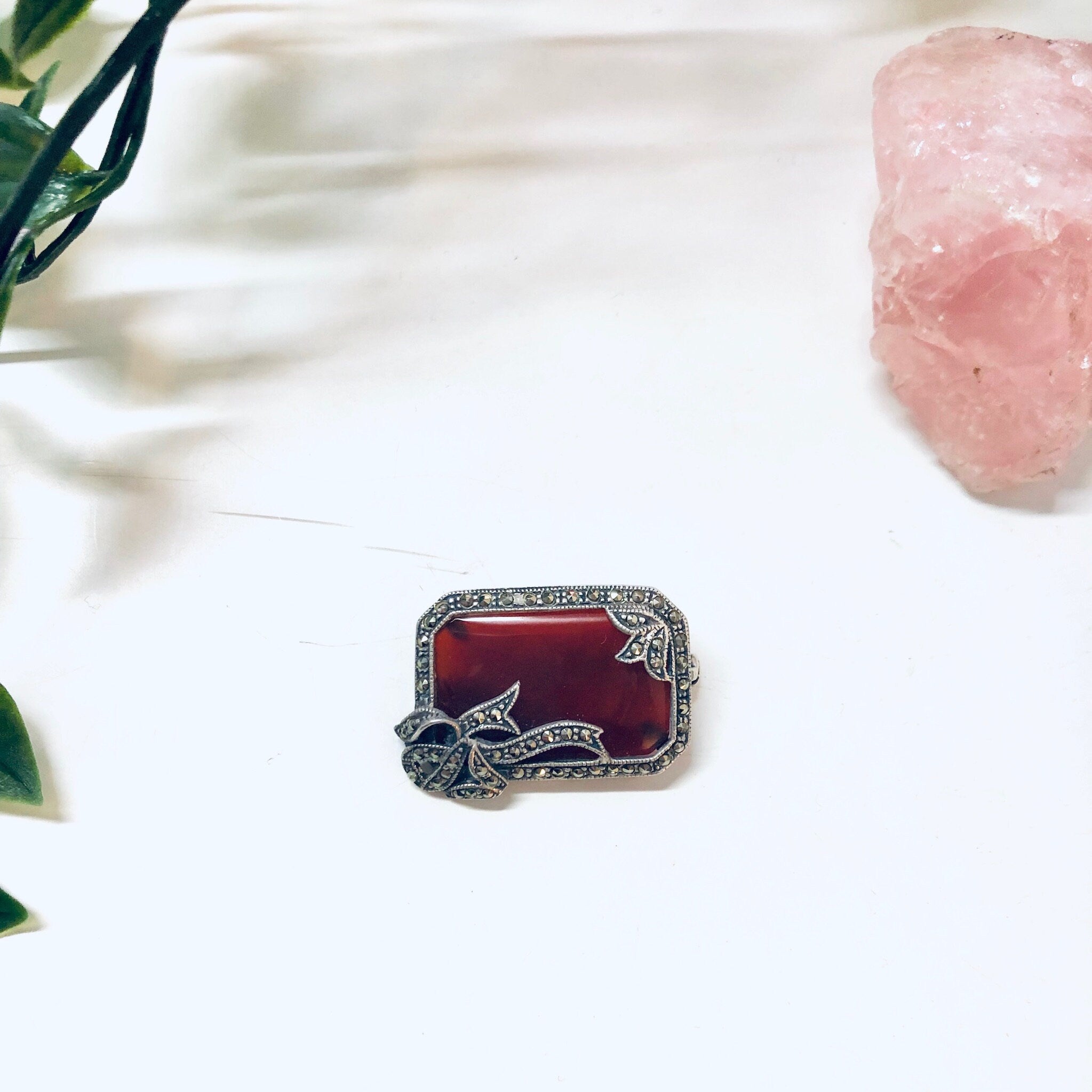 Vintage Silver Brooch, Marcasite Brooch, Red and Silver, Carnelian Brooch, Vintage Pin, Vintage Jewelry, Red Stone, Square Brooch, Ribbon