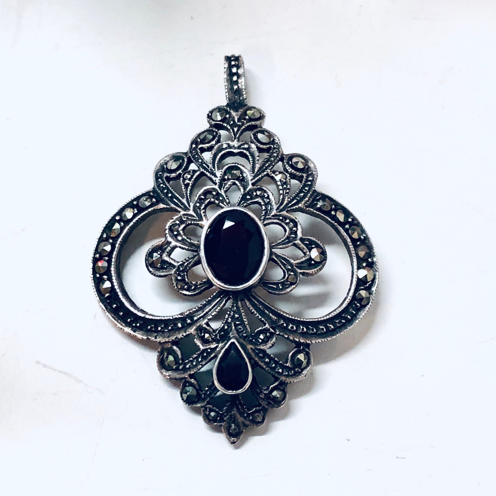 Vintage Silver Pendant, Marcasite Jewelry, Red Stone, Vintage Necklace, Silver and Red, Vintage Jewelry, Teardrop Shaped Stone, Holiday Gift