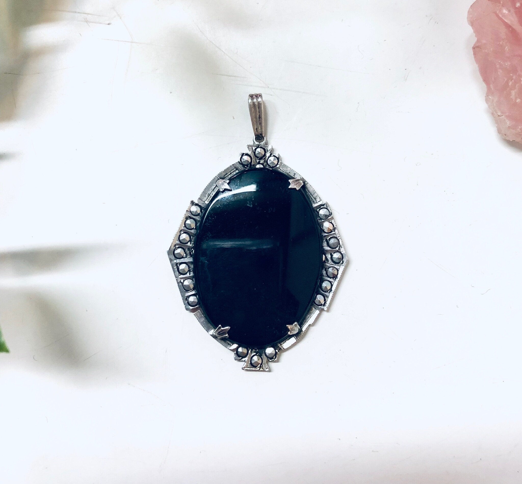 Vintage Silver Pendant, Marcasite Jewelry, Black Stone, Oval Shaped Stone, Silver and Black, Necklace Pendant, Holiday Gift Idea