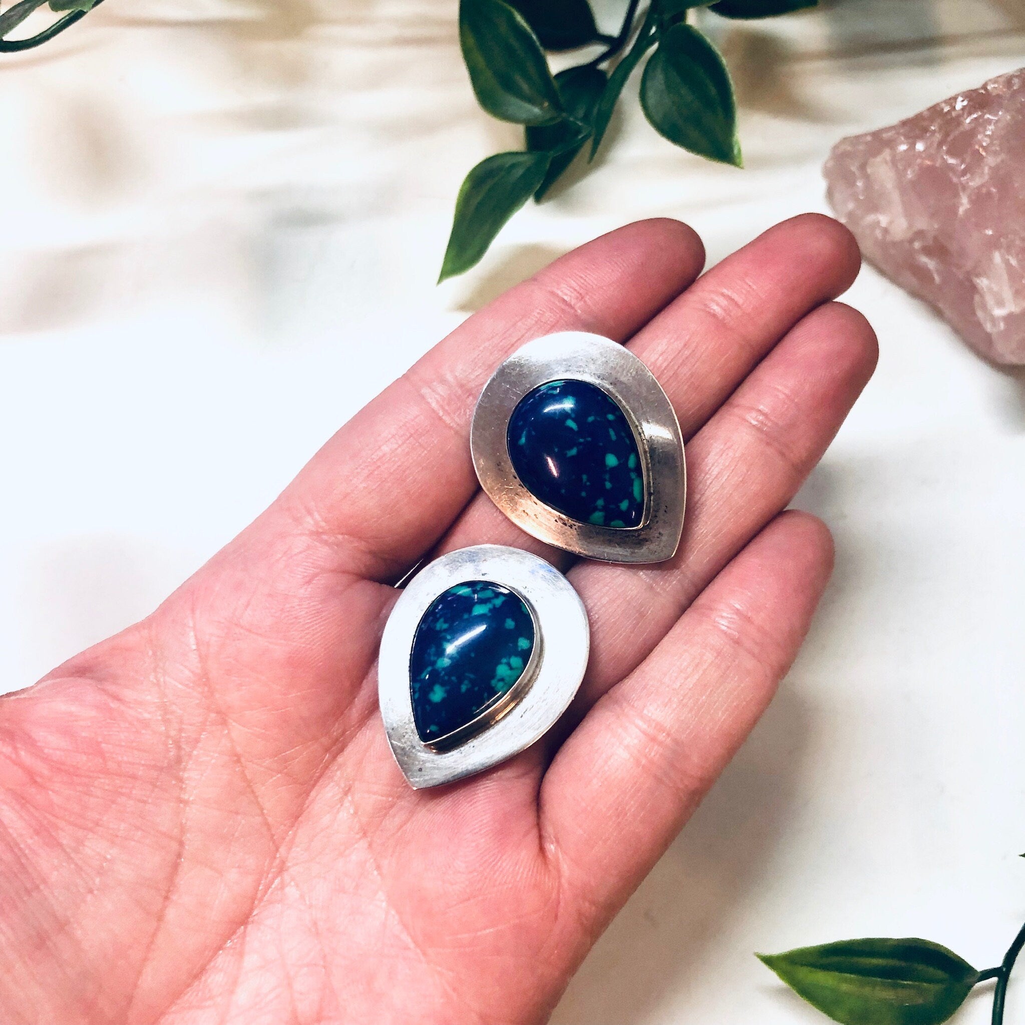 Vintage Clip On Earrings with Azurite Malachite Stones, Silver Clip On Earrings, Arctic Opal Jewelry, Teardrop Shaped Earrings, Blue, Green