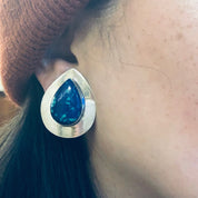 Vintage Clip On Earrings with Azurite Malachite Stones, Silver Clip On Earrings, Arctic Opal Jewelry, Teardrop Shaped Earrings, Blue, Green