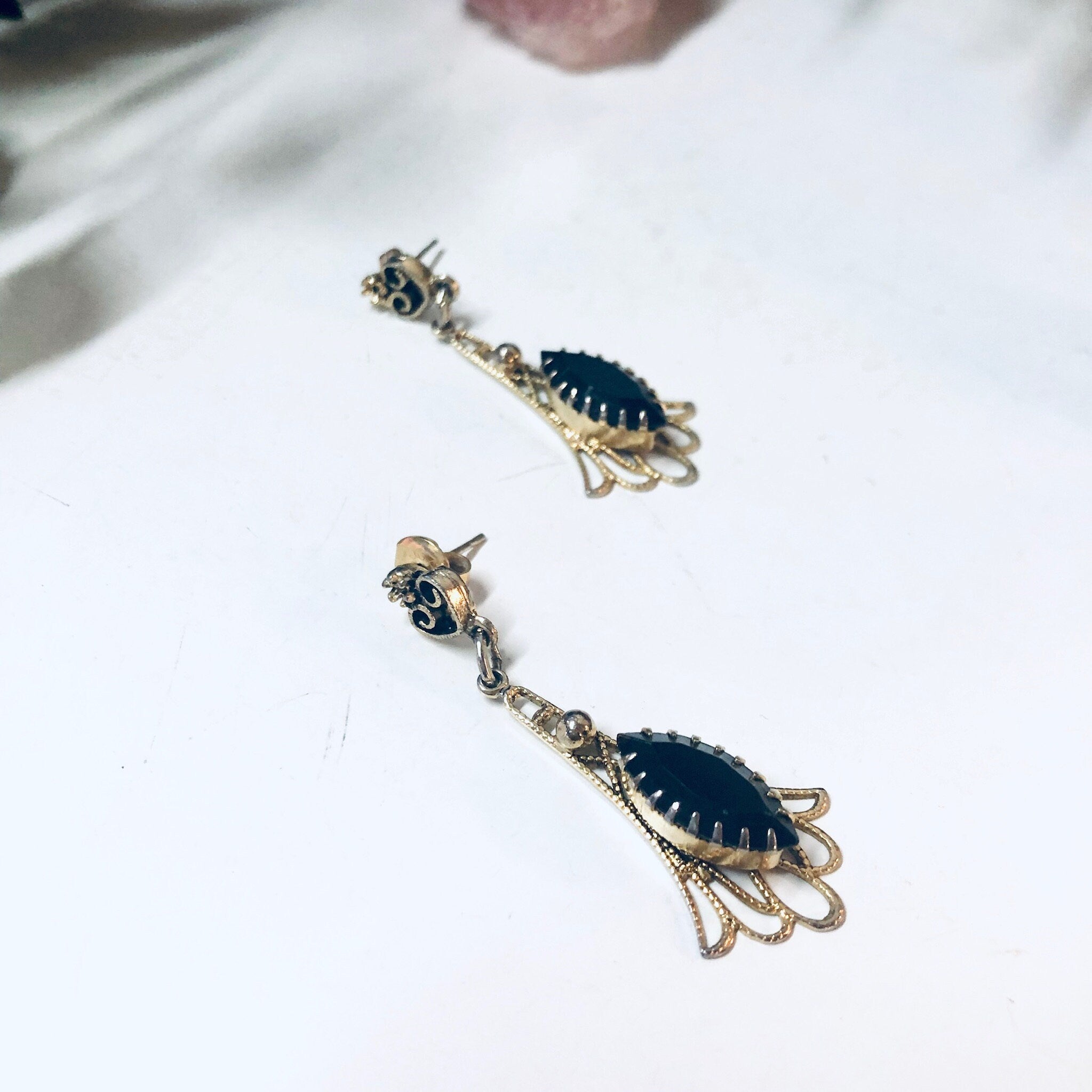 Gold Toned Earrings with Dark Red Stones, Vintage Earrings, Costume Jewelry, Dangle Earrings, Valentines Day Gift, Pierced Ears, Gold, Red