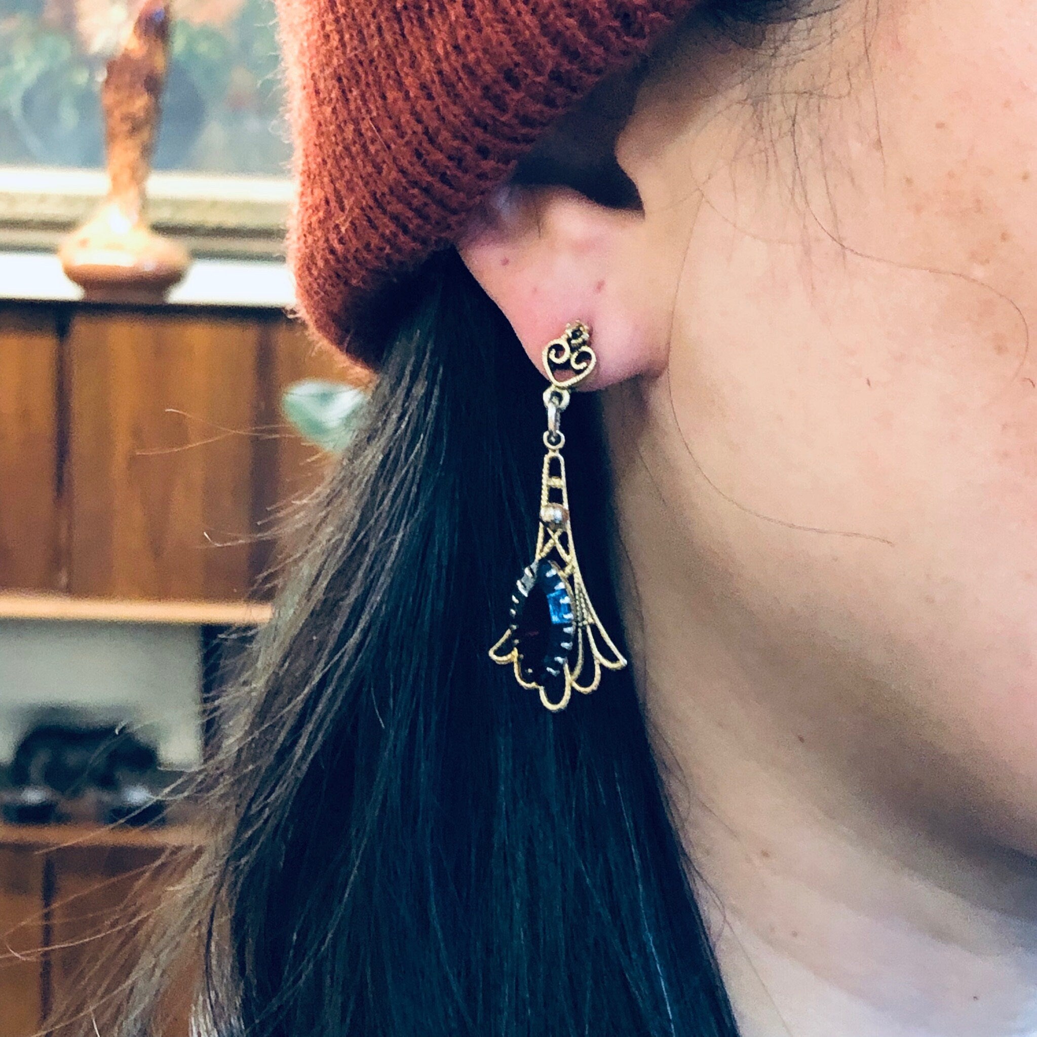 Gold Toned Earrings with Dark Red Stones, Vintage Earrings, Costume Jewelry, Dangle Earrings, Valentines Day Gift, Pierced Ears, Gold, Red