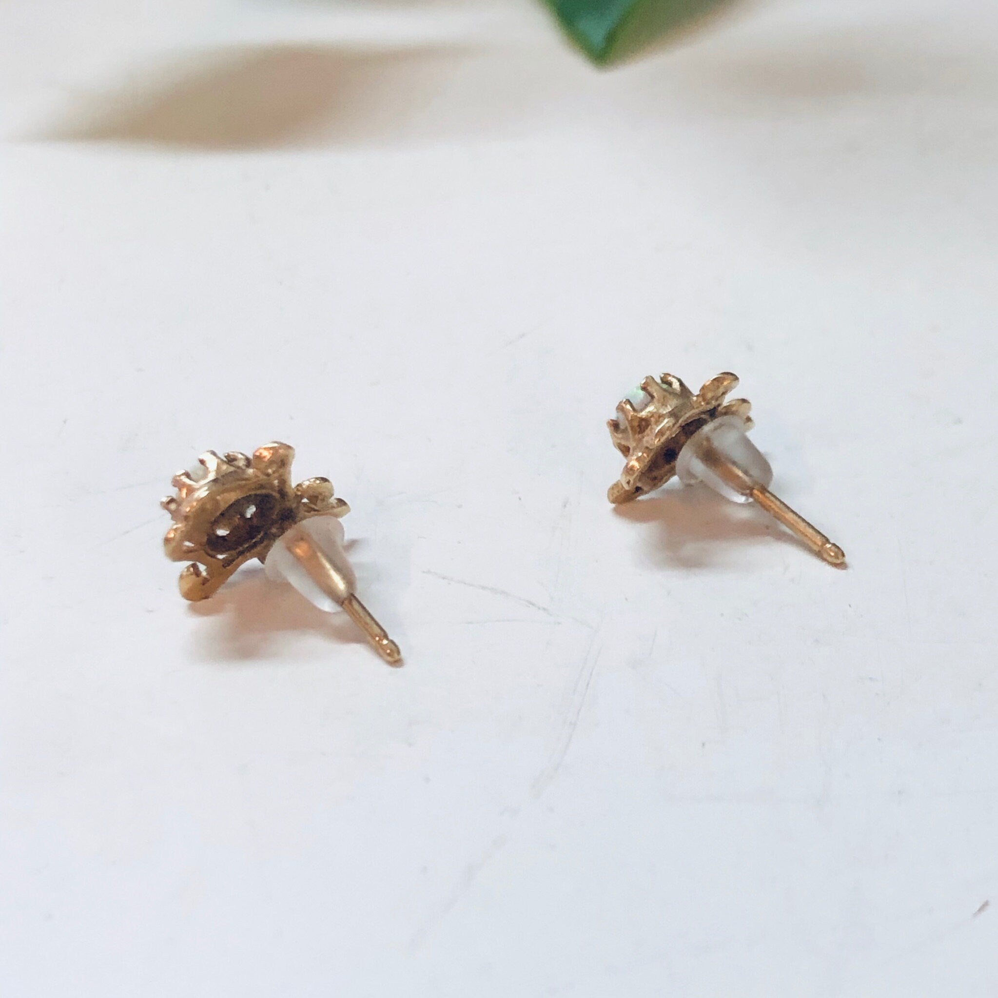 Vintage Gold Earrings, 14K Yellow Gold, 14 Karat Gold, Opal Earrings, Post Earrings, Stud Earrings, October Birthstone, Valentines Day Gift