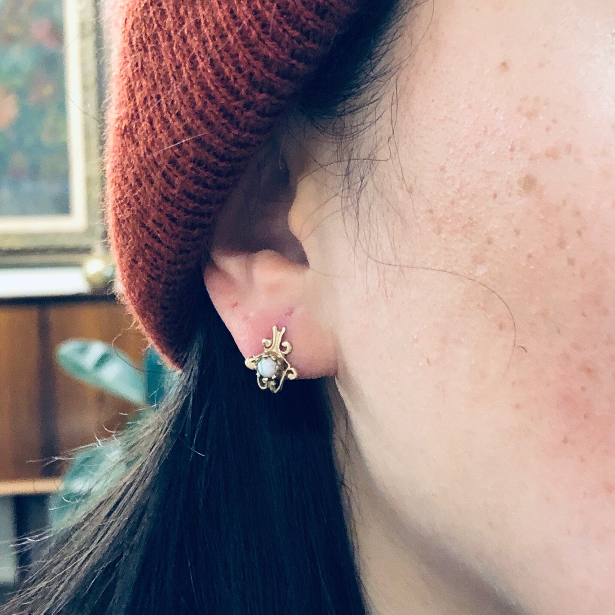 Vintage Gold Earrings, 14K Yellow Gold, 14 Karat Gold, Opal Earrings, Post Earrings, Stud Earrings, October Birthstone, Valentines Day Gift