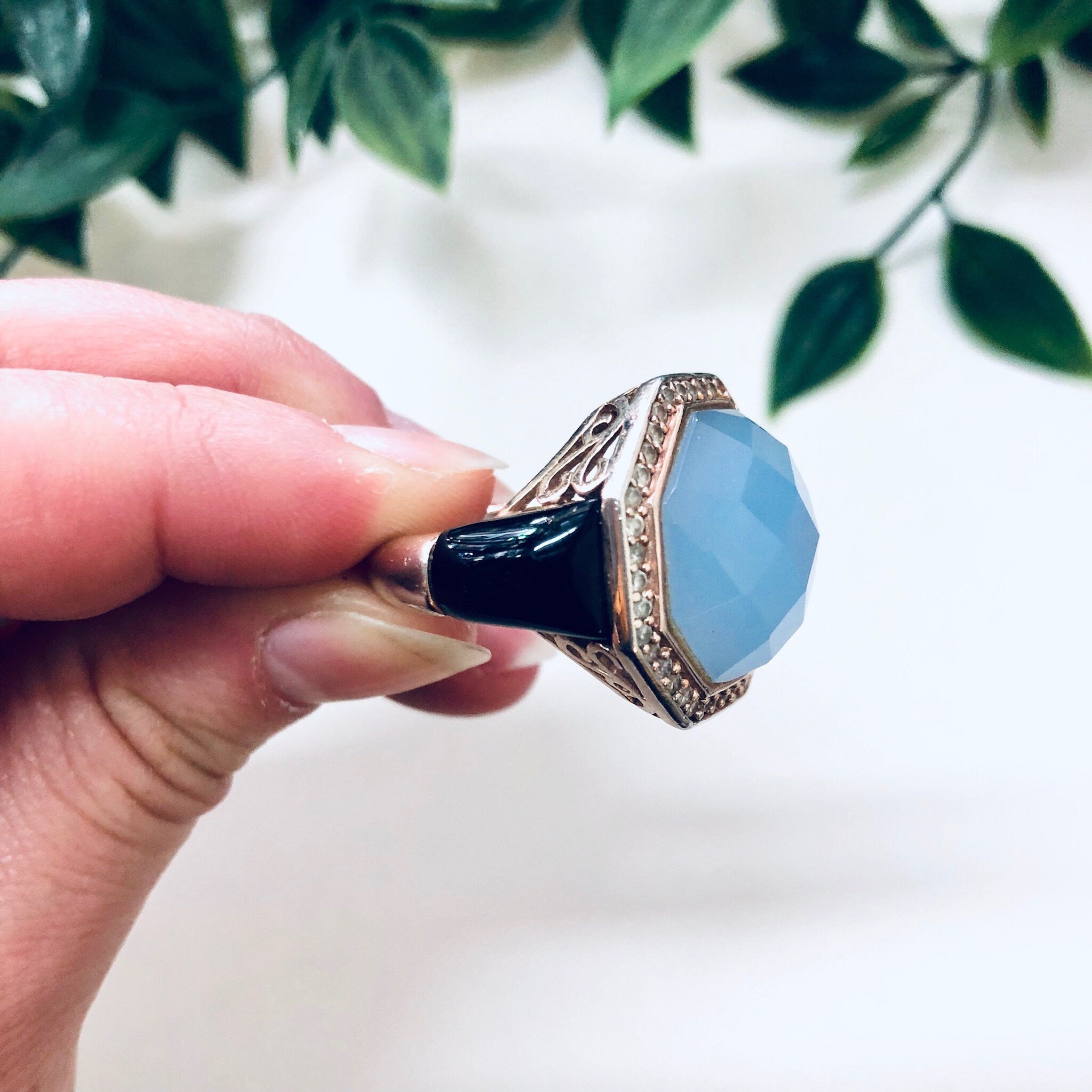 Vintage Cocktail Ring, Purple and Black Ring, Vintage Jewelry, Sterling Silver Ring, Light Purple Stone, Light Blue, Filagree Ring, Unique