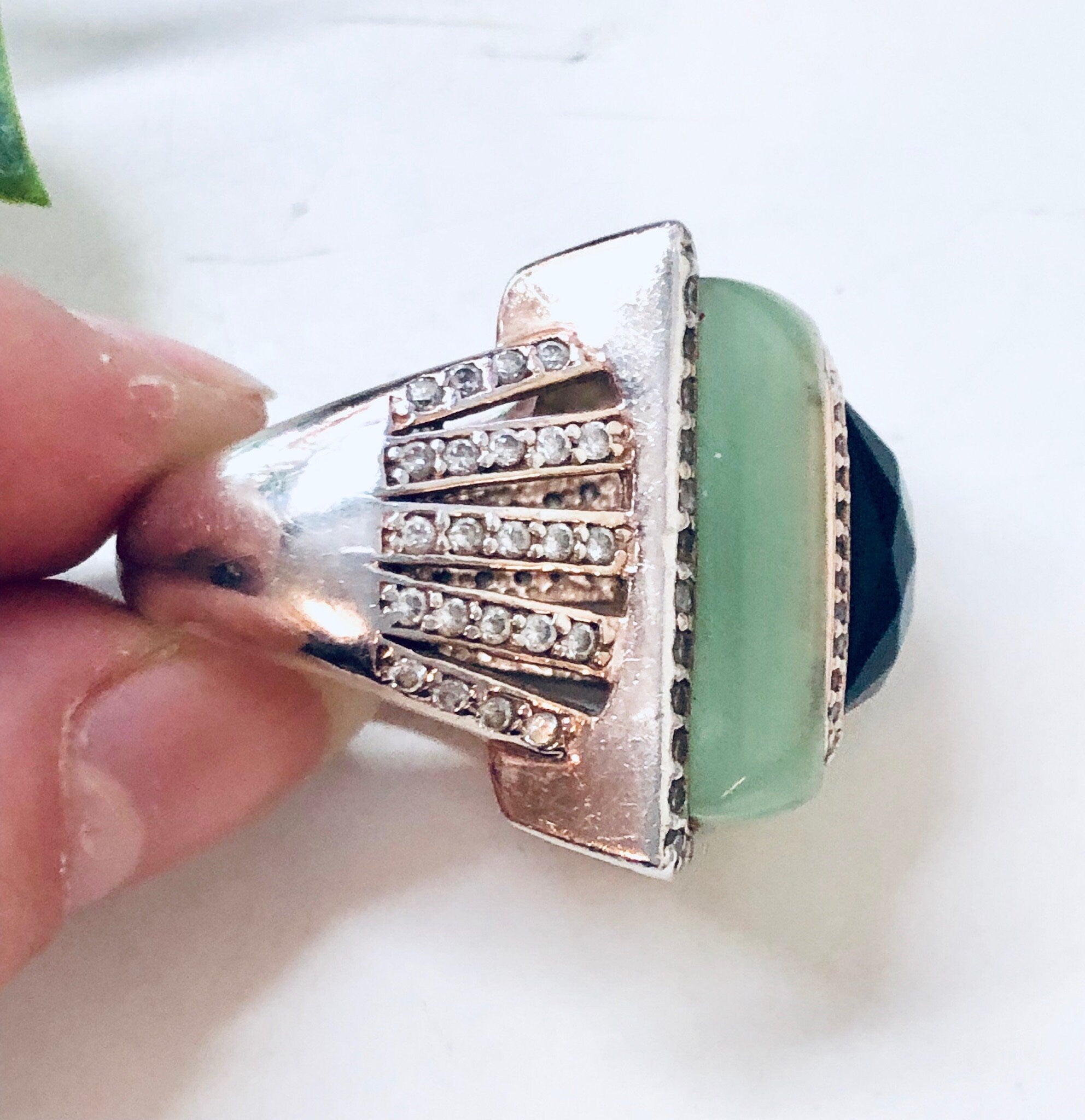 Vintage Silver Ring, Cocktail Ring, Statement Jewelry, Vintage Jewelry, Green, Black, Faux Diamonds, Light Green, Large Ring, Rectangle Ring