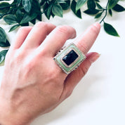 Vintage Silver Ring, Cocktail Ring, Statement Jewelry, Vintage Jewelry, Green, Black, Faux Diamonds, Light Green, Large Ring, Rectangle Ring