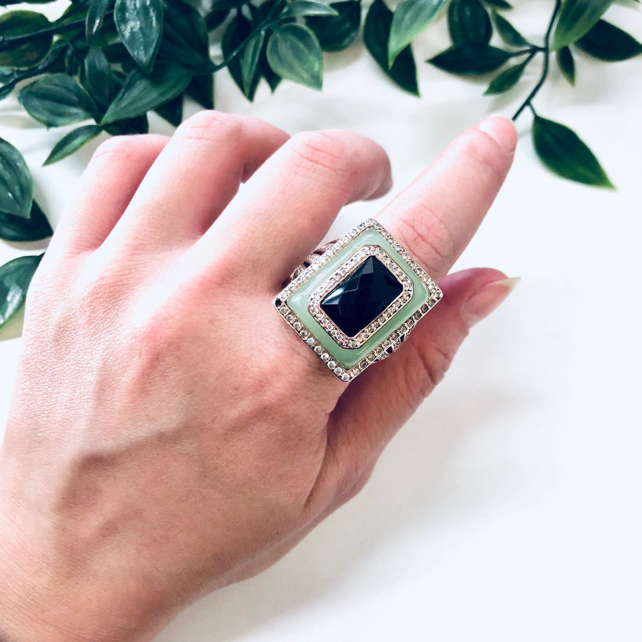 Vintage Silver Ring, Cocktail Ring, Statement Jewelry, Vintage Jewelry, Green, Black, Faux Diamonds, Light Green, Large Ring, Rectangle Ring