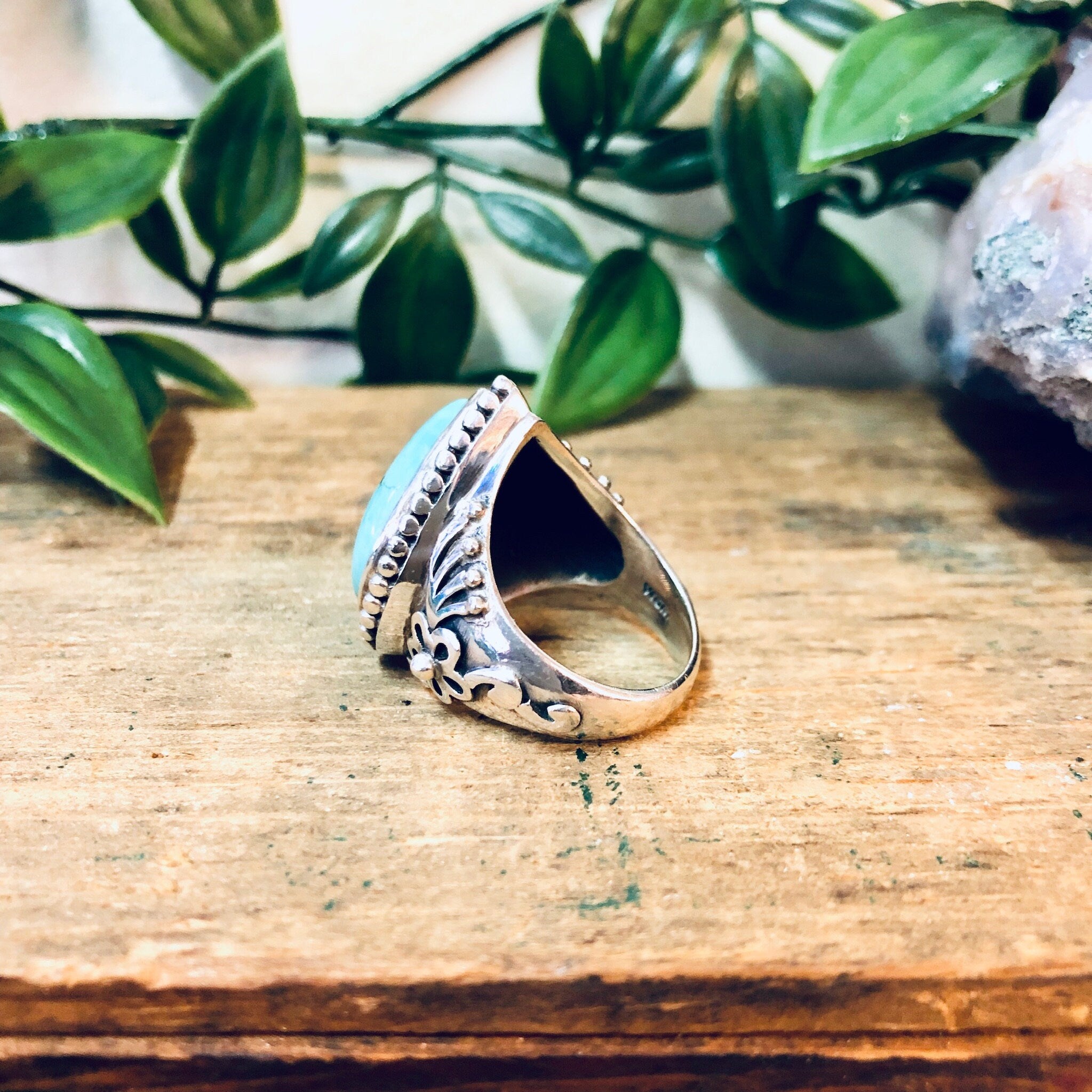 Vintage Silver Ring with Turquoise Stone, Teardrop Shaped Ring, Ornate Jewelry, Vintage Jewelry, Blue, Turquoise, Valentines Day Gift, 925