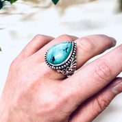 Vintage Silver Ring with Turquoise Stone, Teardrop Shaped Ring, Ornate Jewelry, Vintage Jewelry, Blue, Turquoise, Valentines Day Gift, 925