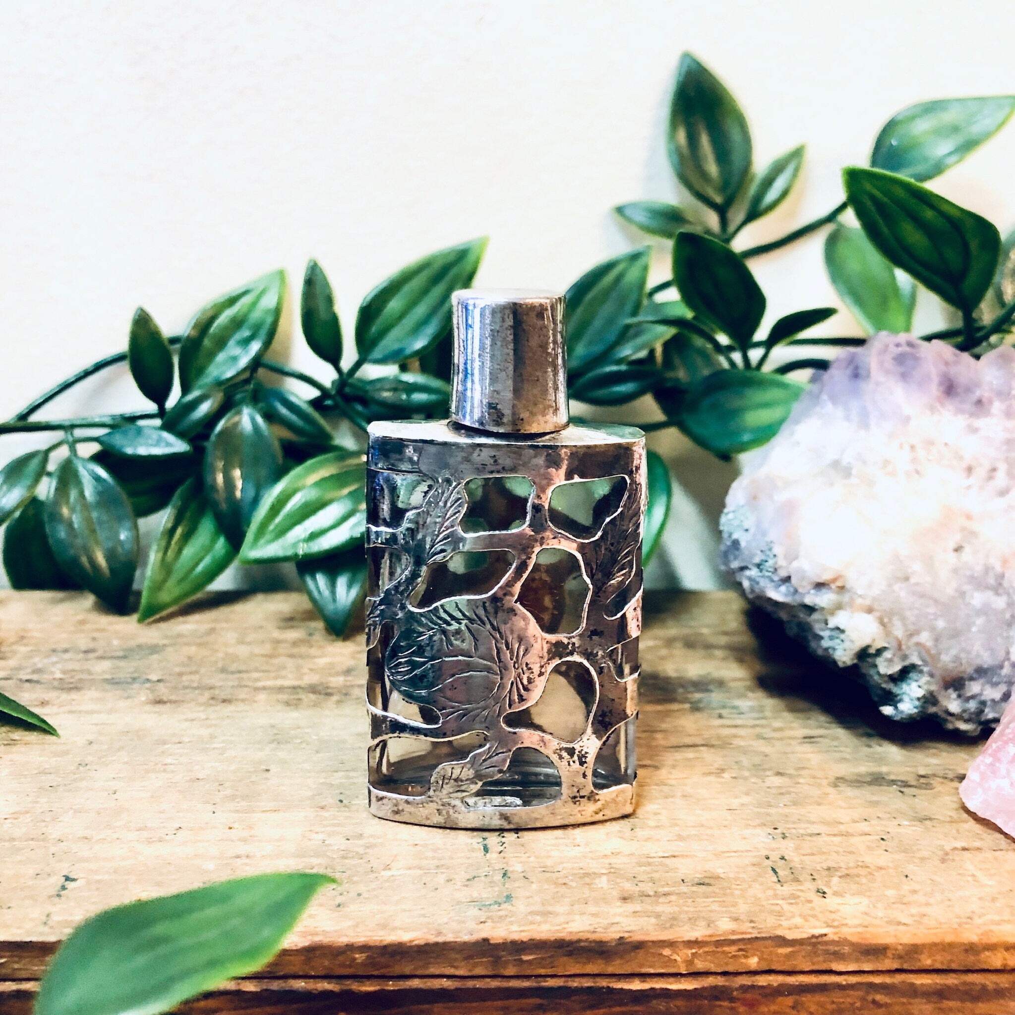Vintage Perfume Bottle, Small Perfume Bottle, Sterling and Glass Bottle, Bottle for Perfume, Collectible Bottle, Floral Design Etched Silver