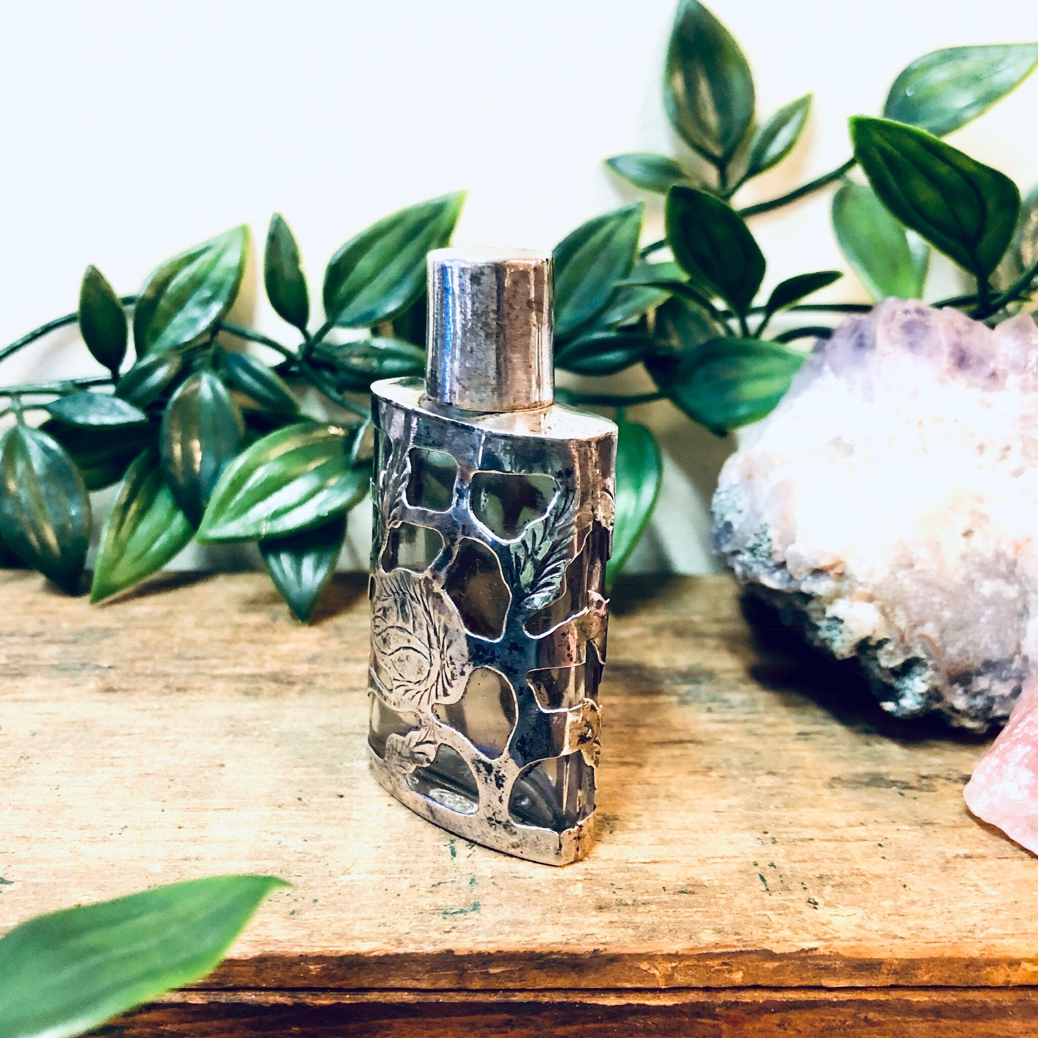 Vintage Perfume Bottle, Small Perfume Bottle, Sterling and Glass Bottle, Bottle for Perfume, Collectible Bottle, Floral Design Etched Silver