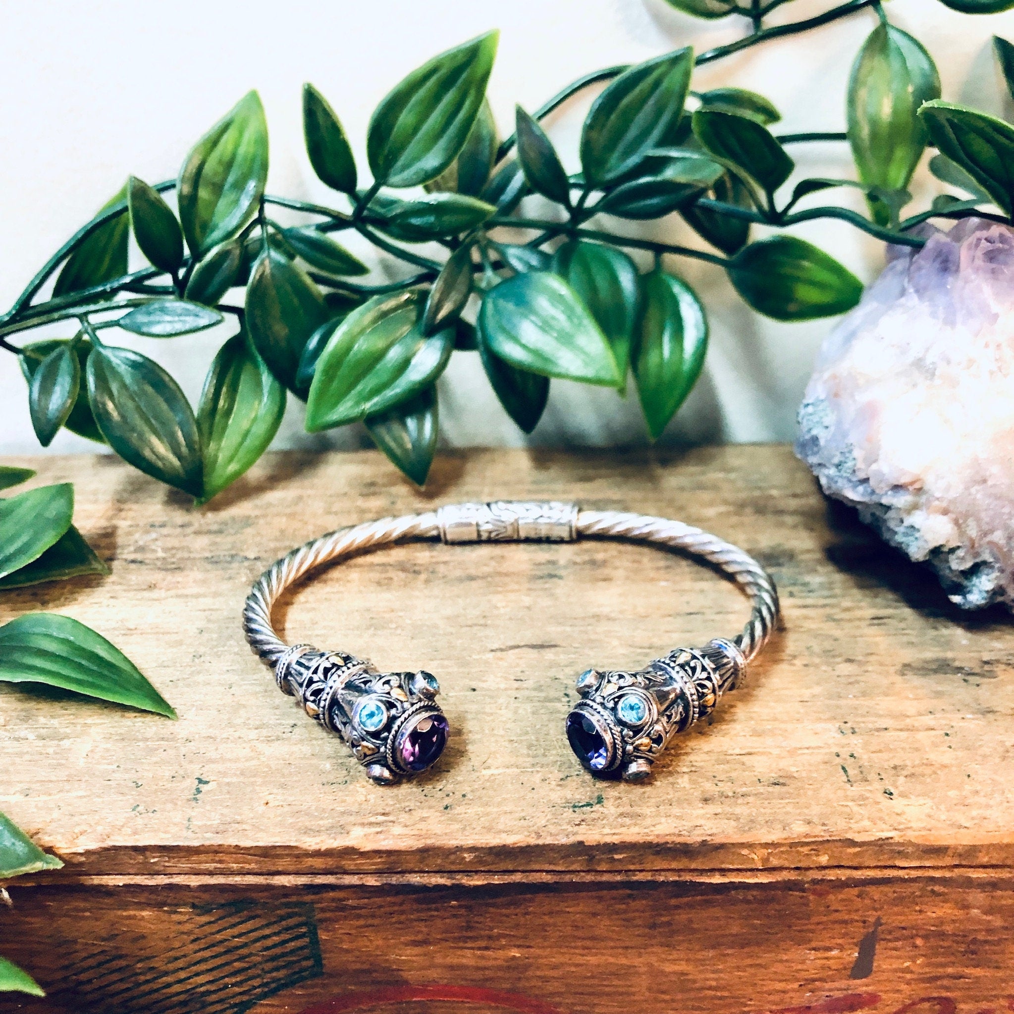 Vintage Silver Bracelet, Vintage Jewelry, Amethyst Bracelet, Unique Jewelry, Valentines Day Gift, 14 K Gold, Blue Stones, Cuff Bracelet