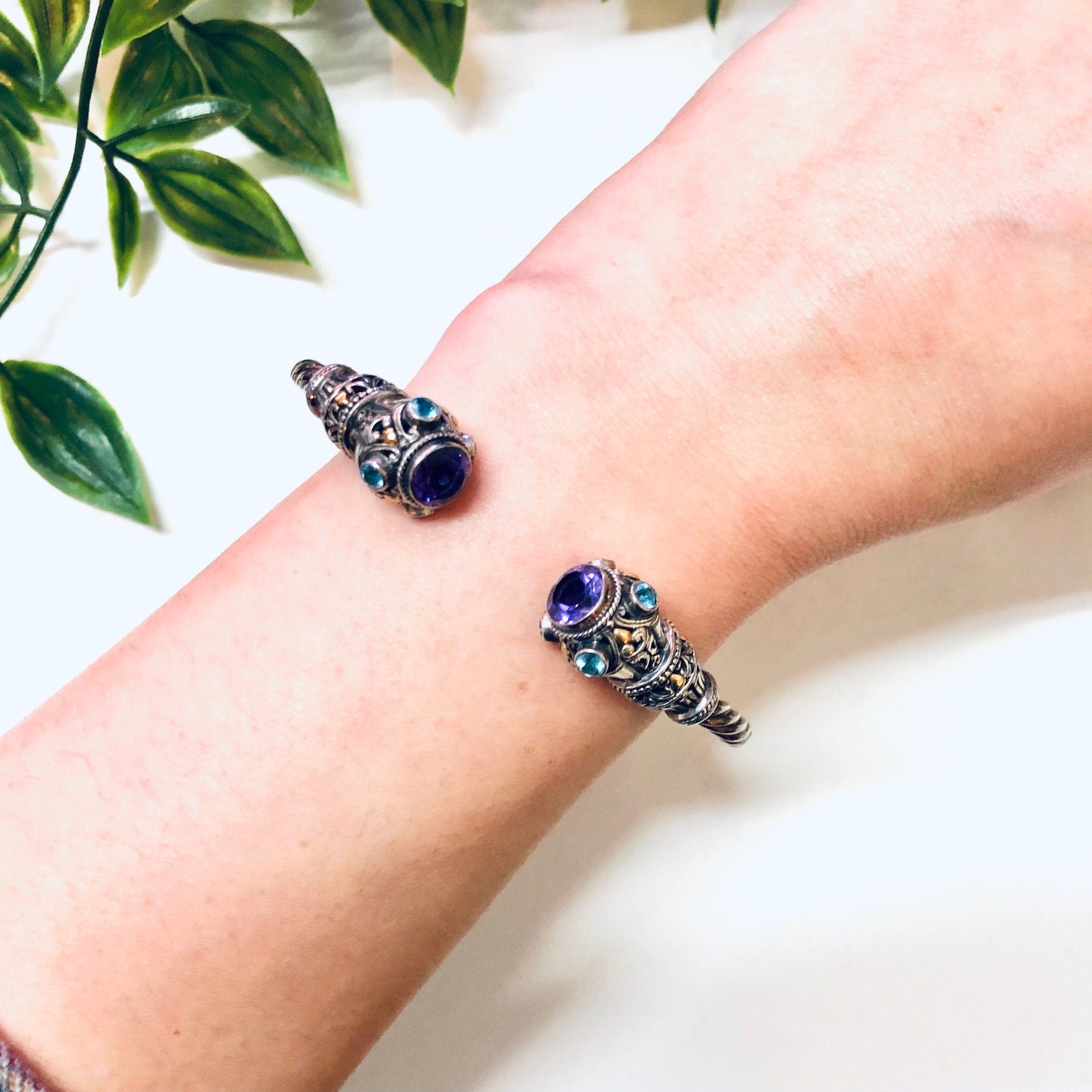 Vintage Silver Bracelet, Vintage Jewelry, Amethyst Bracelet, Unique Jewelry, Valentines Day Gift, 14 K Gold, Blue Stones, Cuff Bracelet