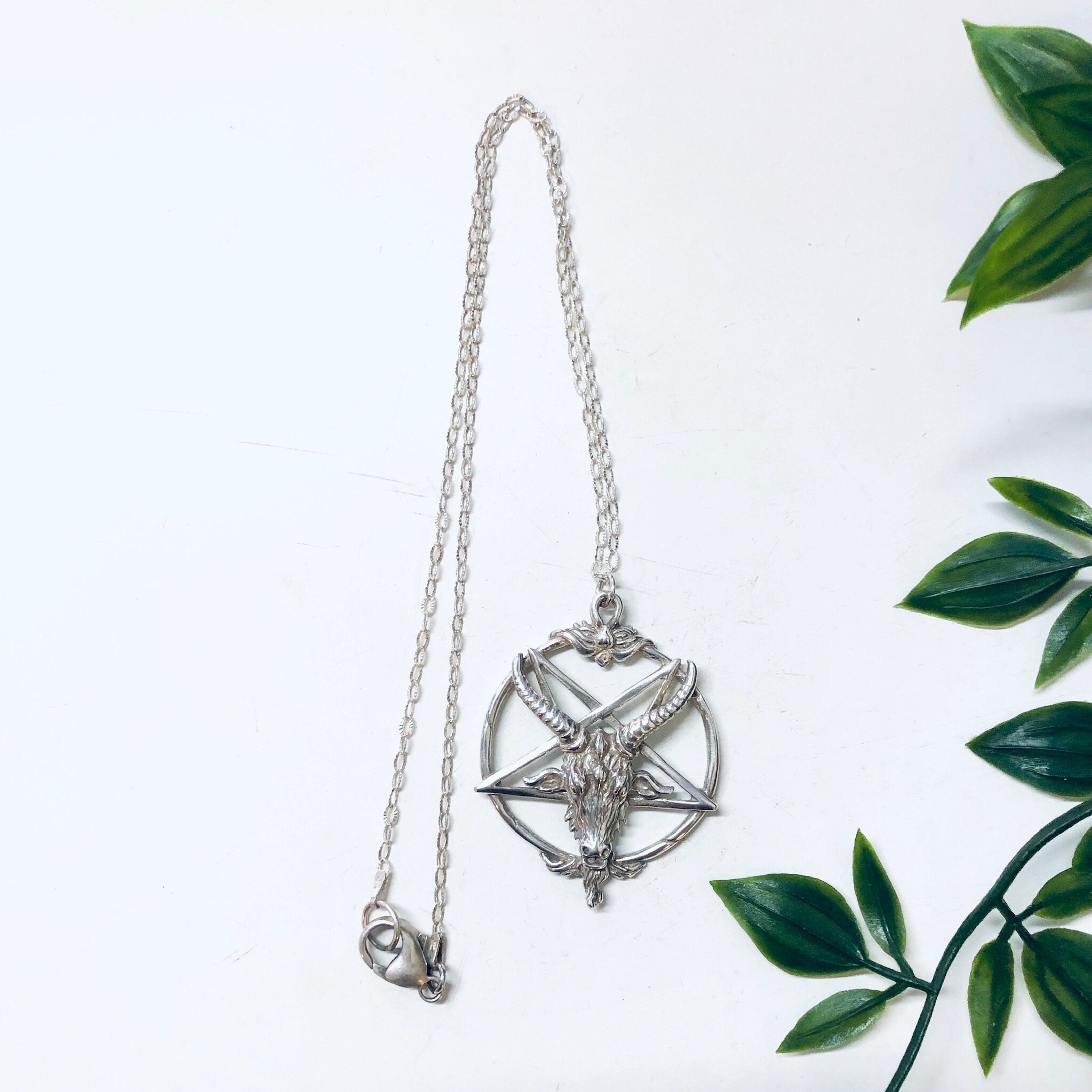 Vintage silver Baphomet pentagram pendant necklace with thin chain, gothic witch jewelry for Valentine's Day gift