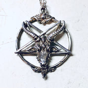 Vintage silver Baphomet goat head pentagram pendant necklace with thin chain, gothic witch jewelry perfect for Valentine's Day gift.