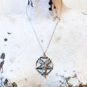 Vintage silver Baphomet pentagram pendant necklace on skinny chain, Gothic witch jewelry for Valentine's Day.