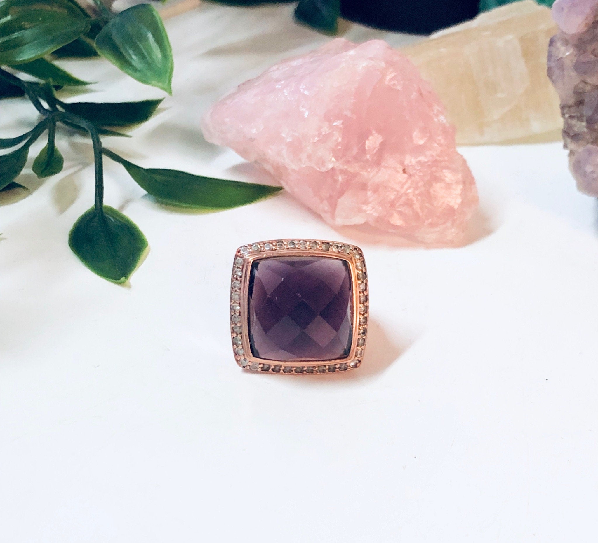 Vintage Cocktail Ring, Costume Jewelry, Rose Gold, Purple Gemstone, Faux Diamond, Large Ring, Statement Jewelry, Square Ring, Purple Pink