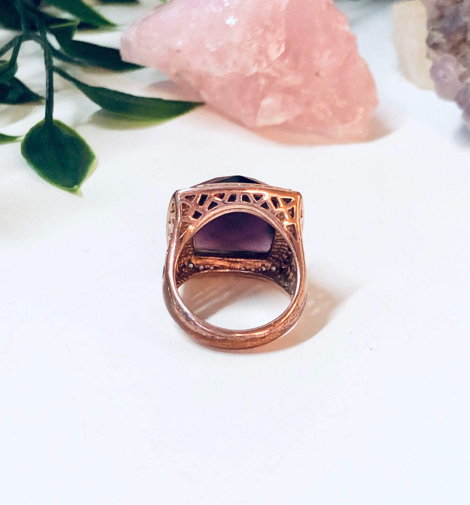 Vintage Cocktail Ring, Costume Jewelry, Rose Gold, Purple Gemstone, Faux Diamond, Large Ring, Statement Jewelry, Square Ring, Purple Pink