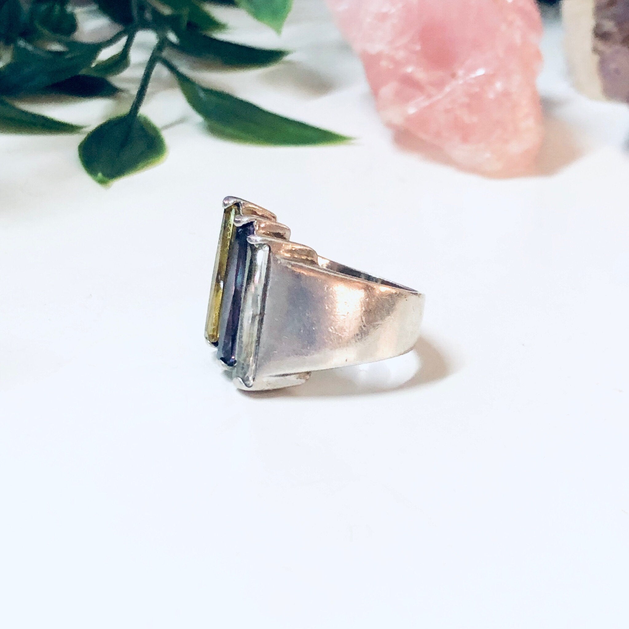 Vintage Silver Ring, Sterling Silver Ring, Vintage Jewelry, Purple Gemstone, Yellow Gemstone, Statement Jewelry, Unique Jewelry, Sparkly