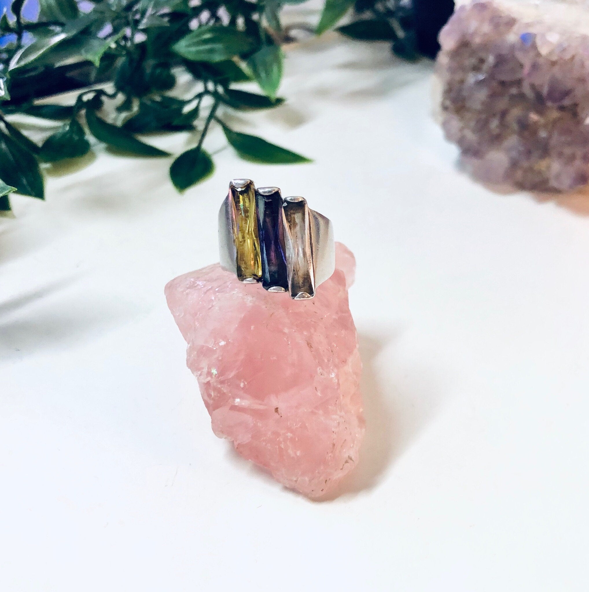 Vintage Silver Ring, Sterling Silver Ring, Vintage Jewelry, Purple Gemstone, Yellow Gemstone, Statement Jewelry, Unique Jewelry, Sparkly