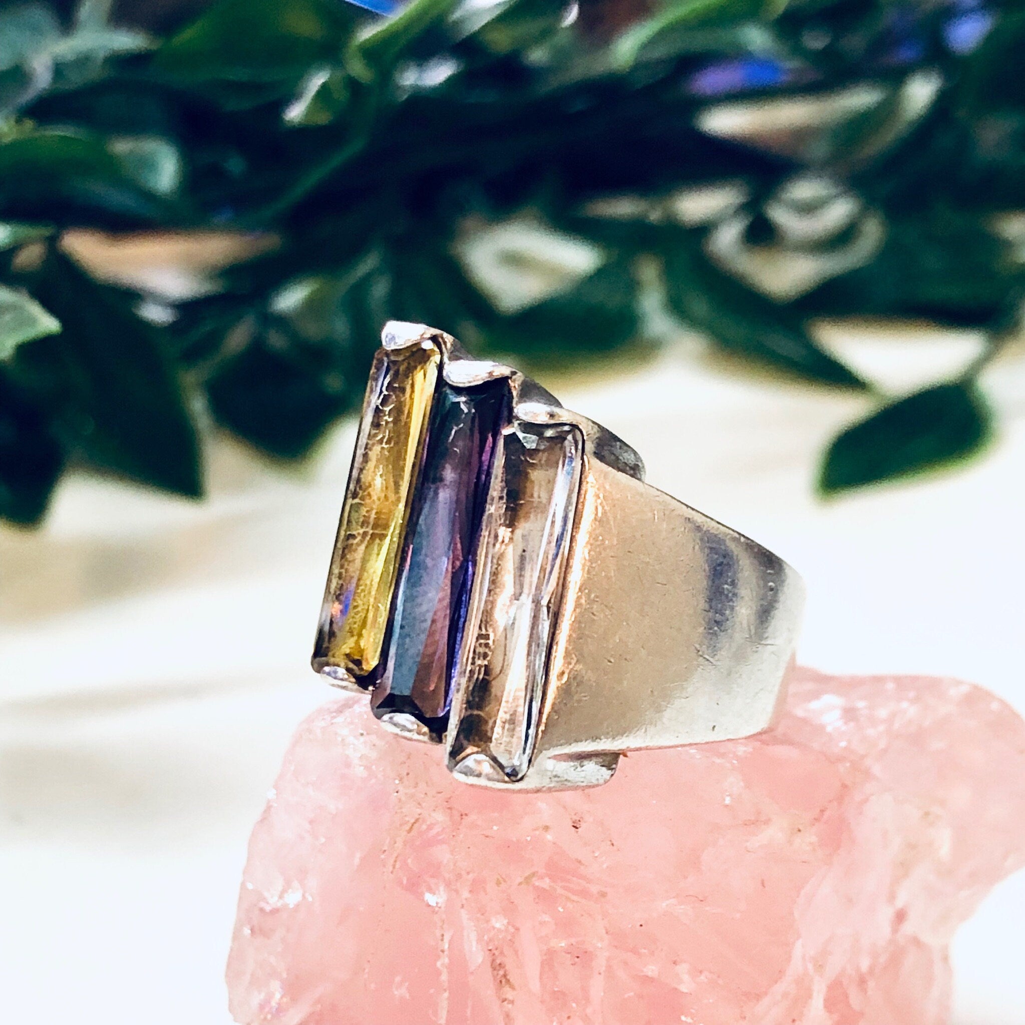Vintage Silver Ring, Sterling Silver Ring, Vintage Jewelry, Purple Gemstone, Yellow Gemstone, Statement Jewelry, Unique Jewelry, Sparkly