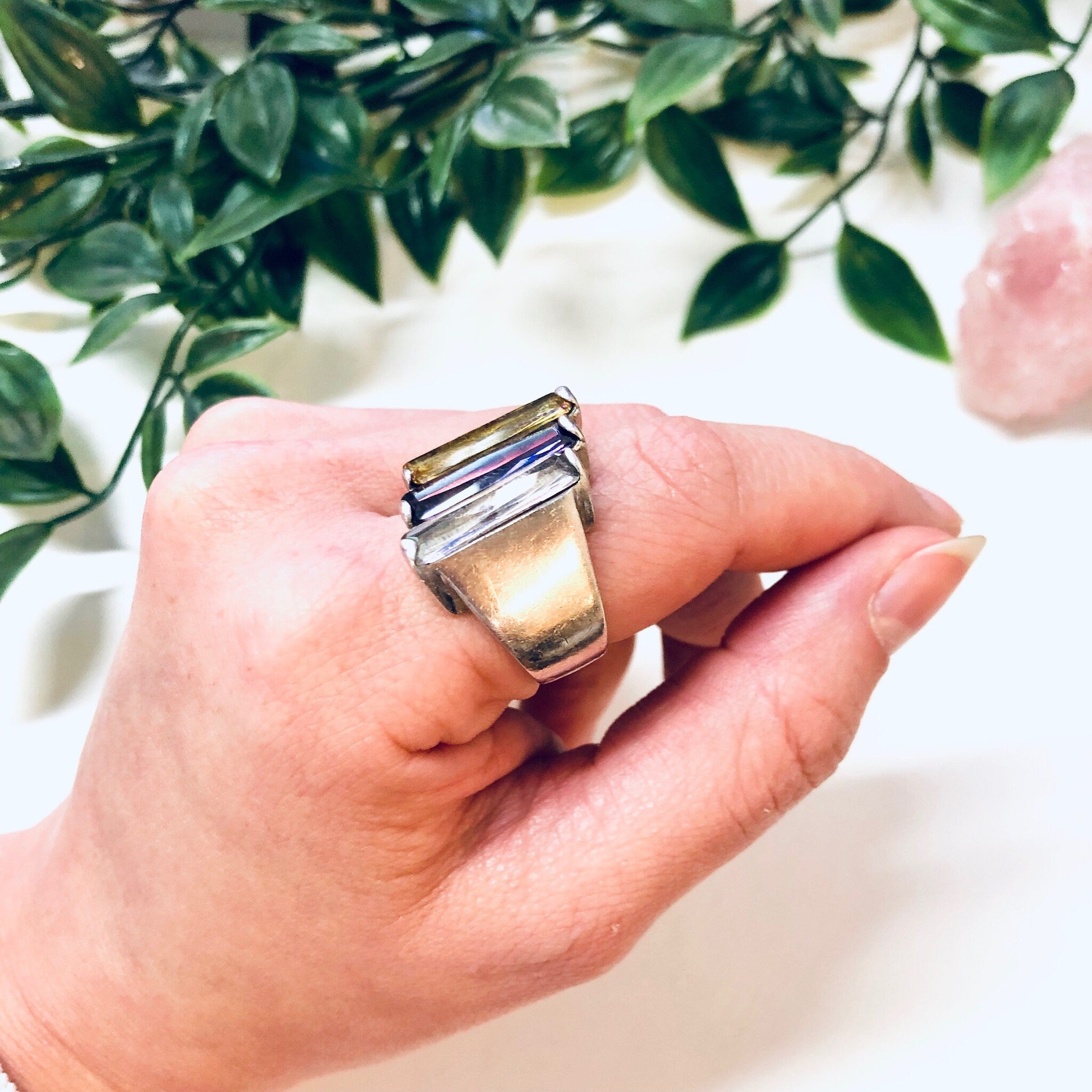 Vintage Silver Ring, Sterling Silver Ring, Vintage Jewelry, Purple Gemstone, Yellow Gemstone, Statement Jewelry, Unique Jewelry, Sparkly