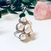 Vintage Cocktail Ring, Large Ring, Statement Jewelry, Faux Pearl Ring, Costume Jewelry, Vintage Jewelry, White and Silver, Silver Toned Ring