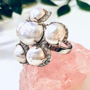 Vintage Cocktail Ring, Large Ring, Statement Jewelry, Faux Pearl Ring, Costume Jewelry, Vintage Jewelry, White and Silver, Silver Toned Ring