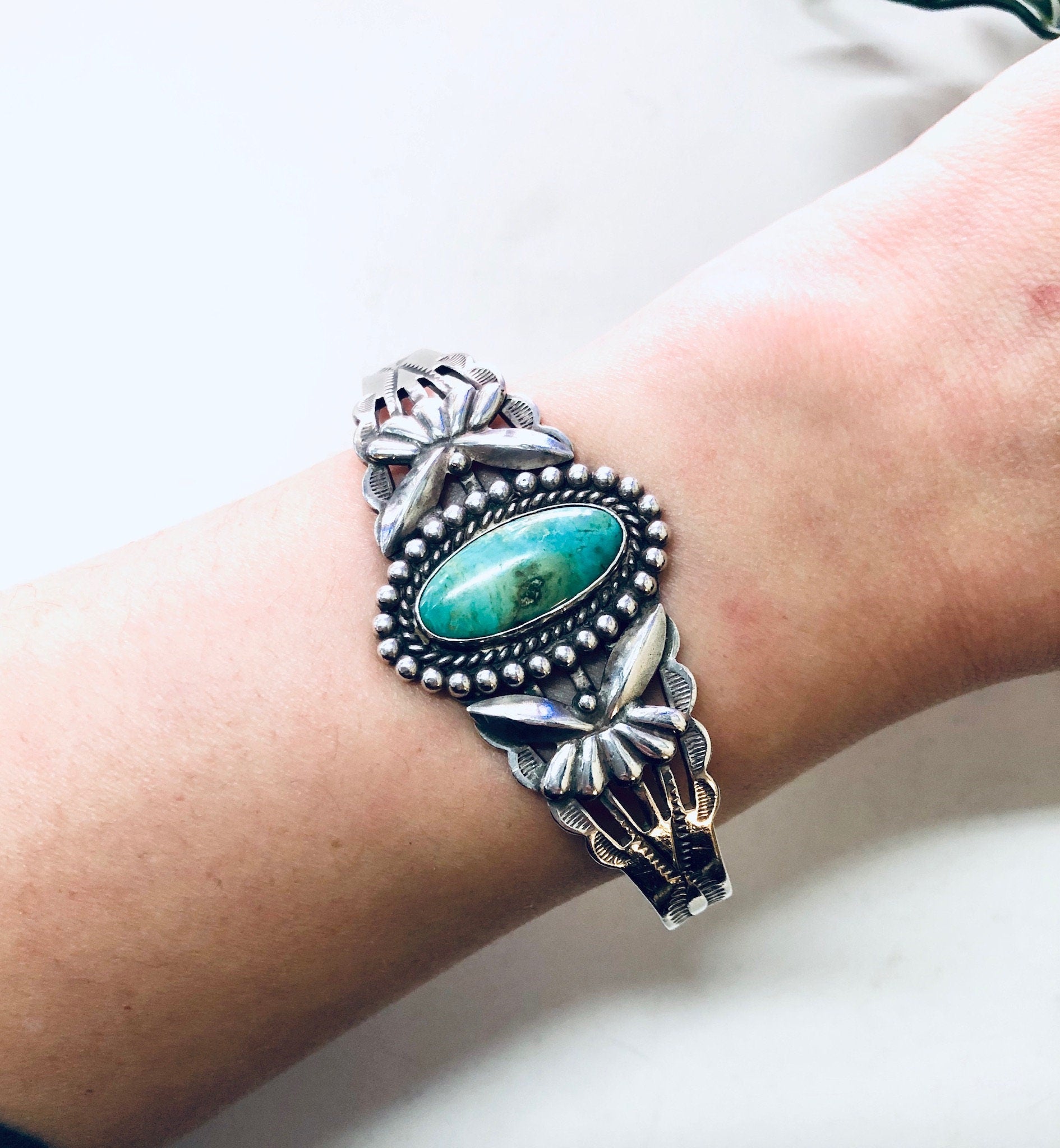 Vintage Turquoise Cuff, Vintage Silver Cuff, Silver Bracelet, Turquoise Stone, Stamped Silver, Vintage Jewelry, Valentines Day Gift, Blue
