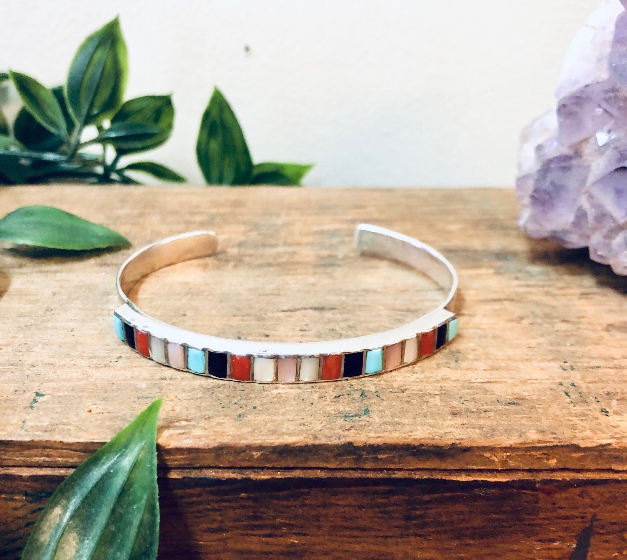 Vintage Silver Cuff, Vintage Bracelet, Silver Bracelet, Valentines Day Gift, Boho Style Jewelry, Turquoise, Onyx, Mother of Pearl, Coral,