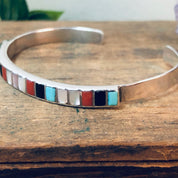 Vintage Silver Cuff, Vintage Bracelet, Silver Bracelet, Valentines Day Gift, Boho Style Jewelry, Turquoise, Onyx, Mother of Pearl, Coral,