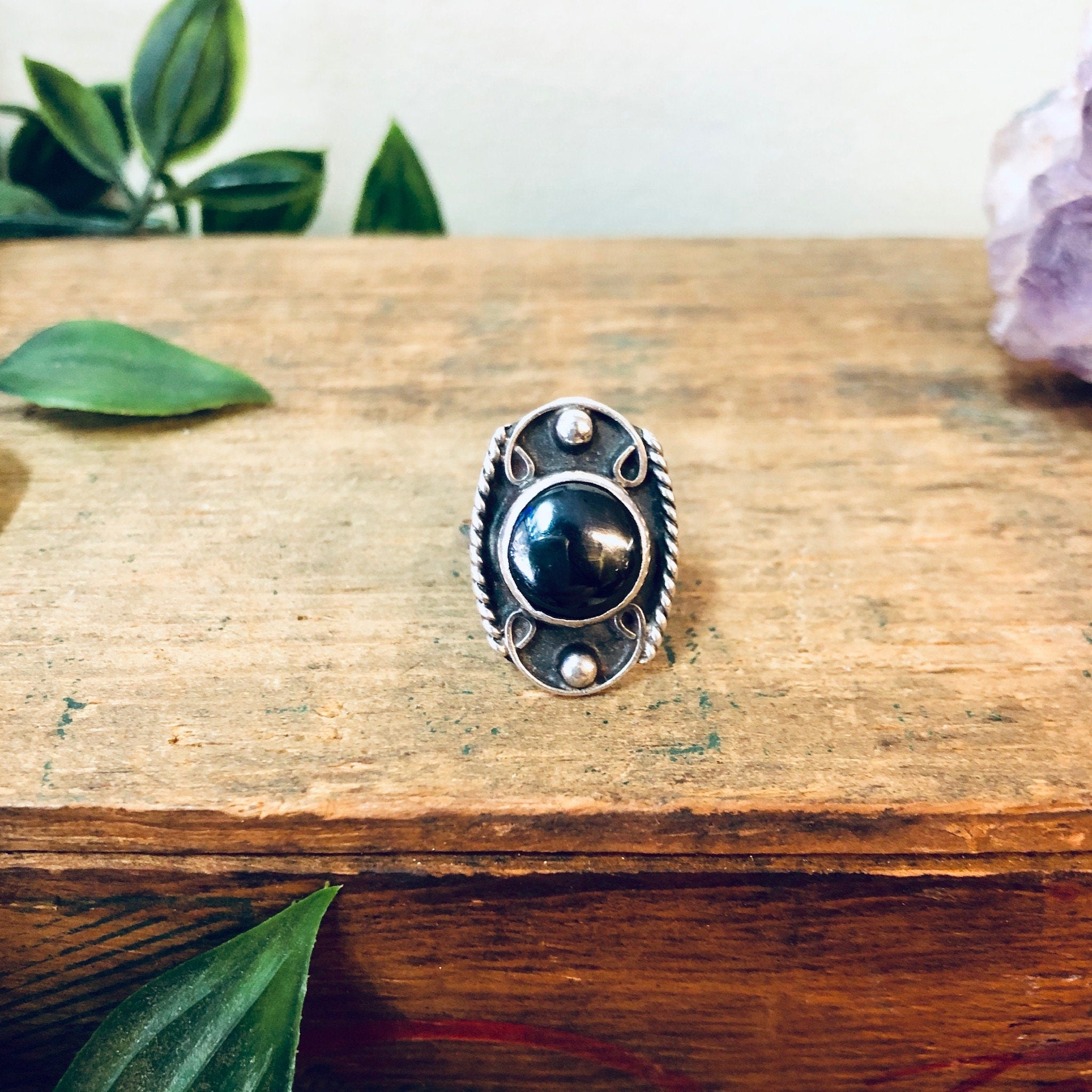 Vintage Hematite Ring, Vintage Silver Ring, Hematite Jewelry, Black and Silver, Valentines Day Gift, Vintage Jewelry, Boho Style, Bohemian