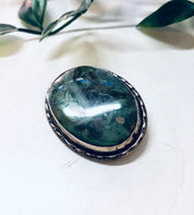 Vintage Brooch, Silver Brooch, Vintage Jewelry, Vintage Pin, Green Stone, Green and Black, Swirl Stone, Valentines Day Gift, Unique Jewelry