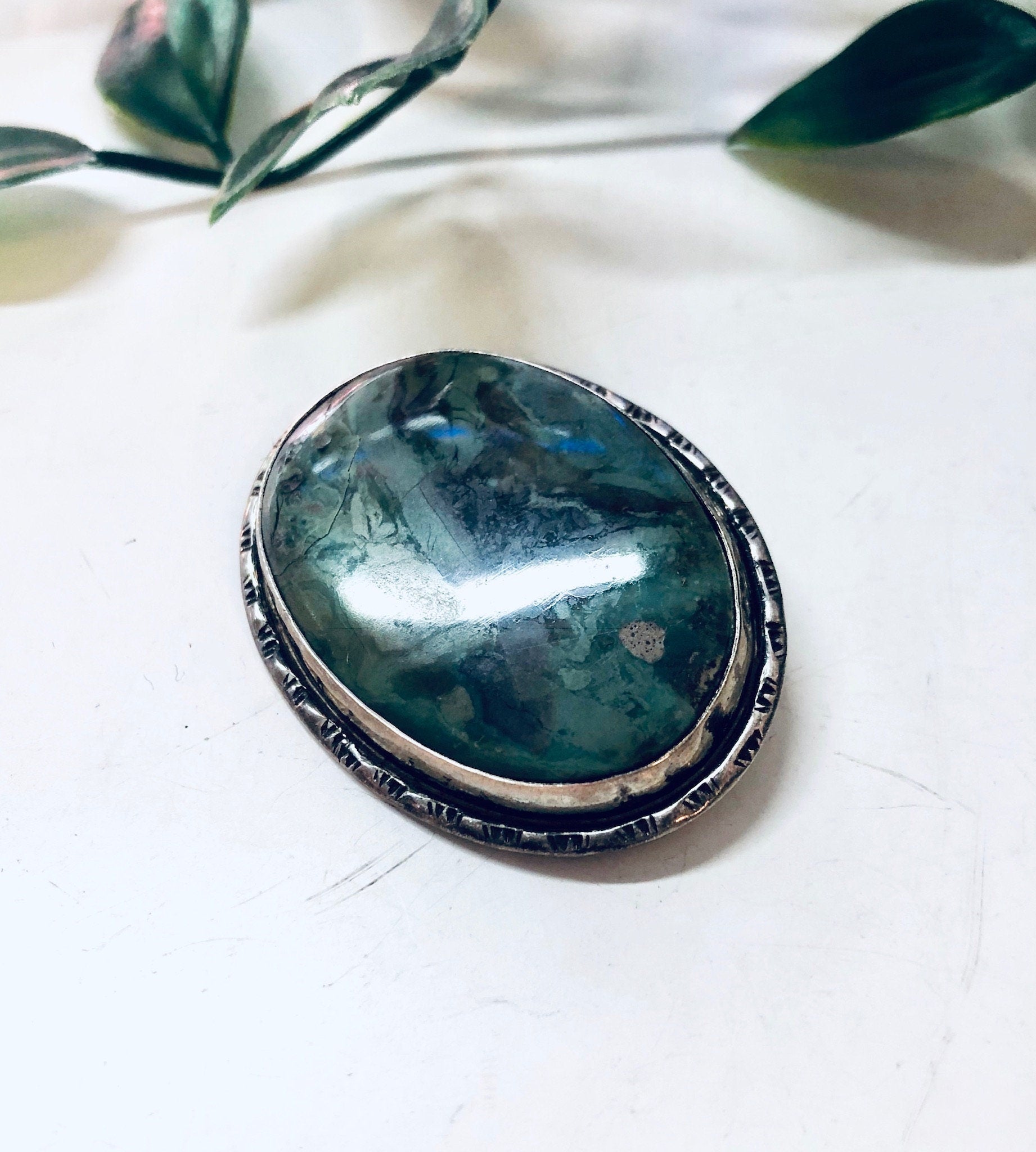 Vintage Brooch, Silver Brooch, Vintage Jewelry, Vintage Pin, Green Stone, Green and Black, Swirl Stone, Valentines Day Gift, Unique Jewelry