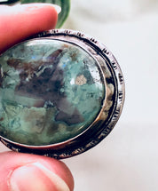Vintage Brooch, Silver Brooch, Vintage Jewelry, Vintage Pin, Green Stone, Green and Black, Swirl Stone, Valentines Day Gift, Unique Jewelry