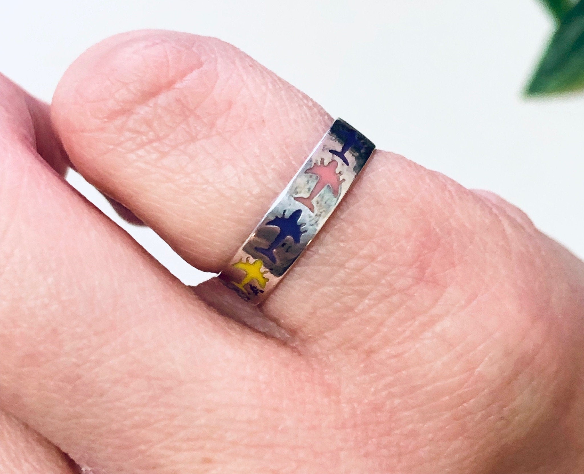Vintage Silver Ring, Airplane Ring, Flight Jewelry, Airplanes, Silver Band, Skinny Silver Band, Colorful Ring, Purple, Yellow, Pink, White