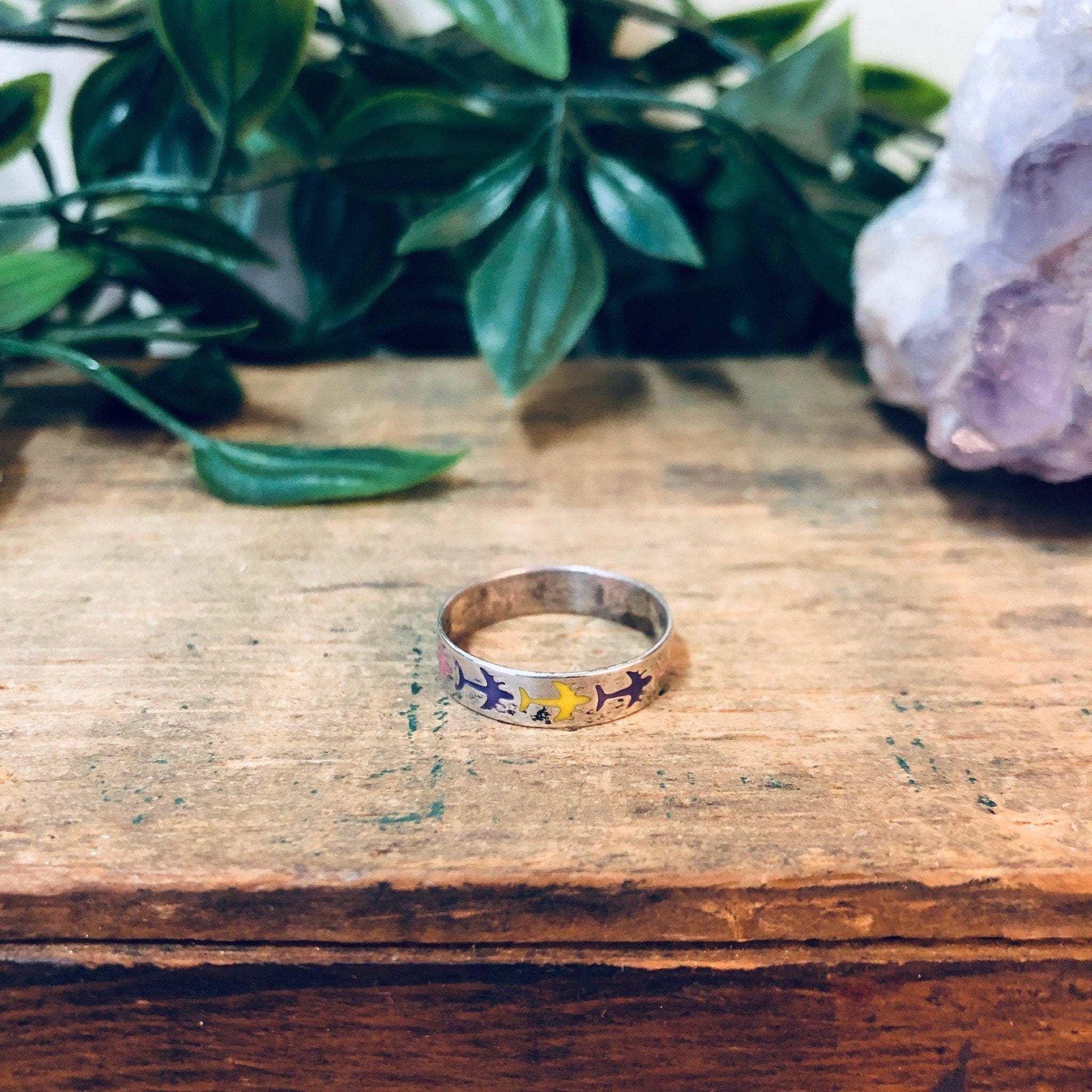 Vintage Silver Ring, Airplane Ring, Flight Jewelry, Airplanes, Silver Band, Skinny Silver Band, Colorful Ring, Purple, Yellow, Pink, White