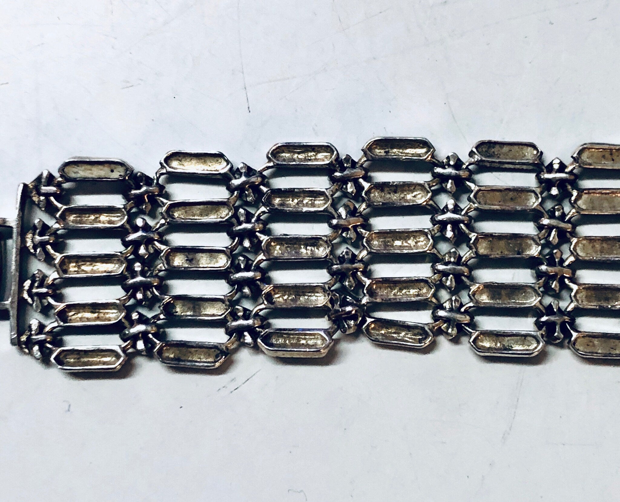Vintage sterling silver marcasite link bracelet, statement jewelry suitable for Valentines Day gift.