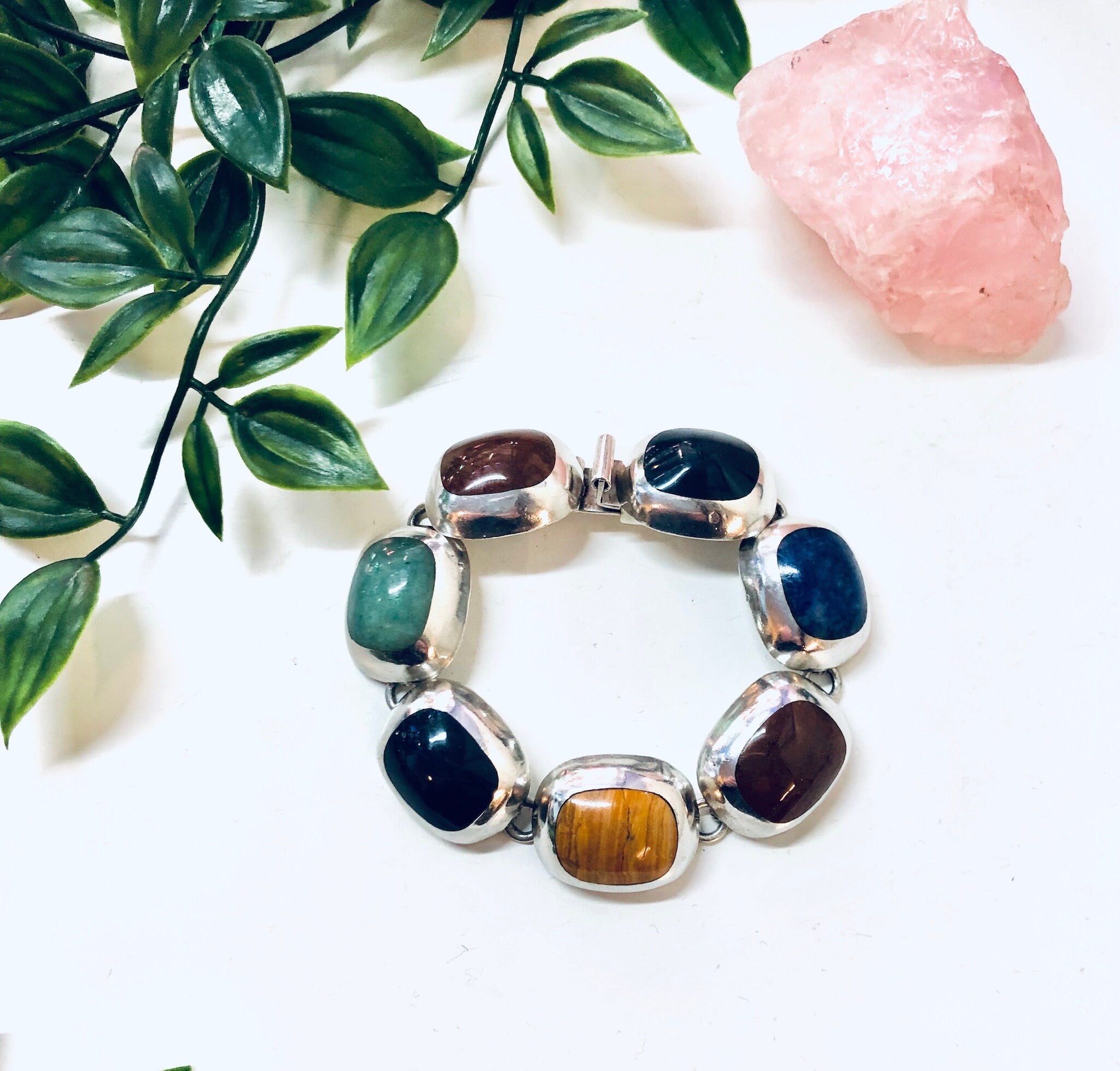 Vintage Silver Bracelet, Link Bracelet, Colorful Jewelry, Vintage Jewelry, Natural Stones, Black Onyx Bracelet, Link Bracelet, Tigers Eye