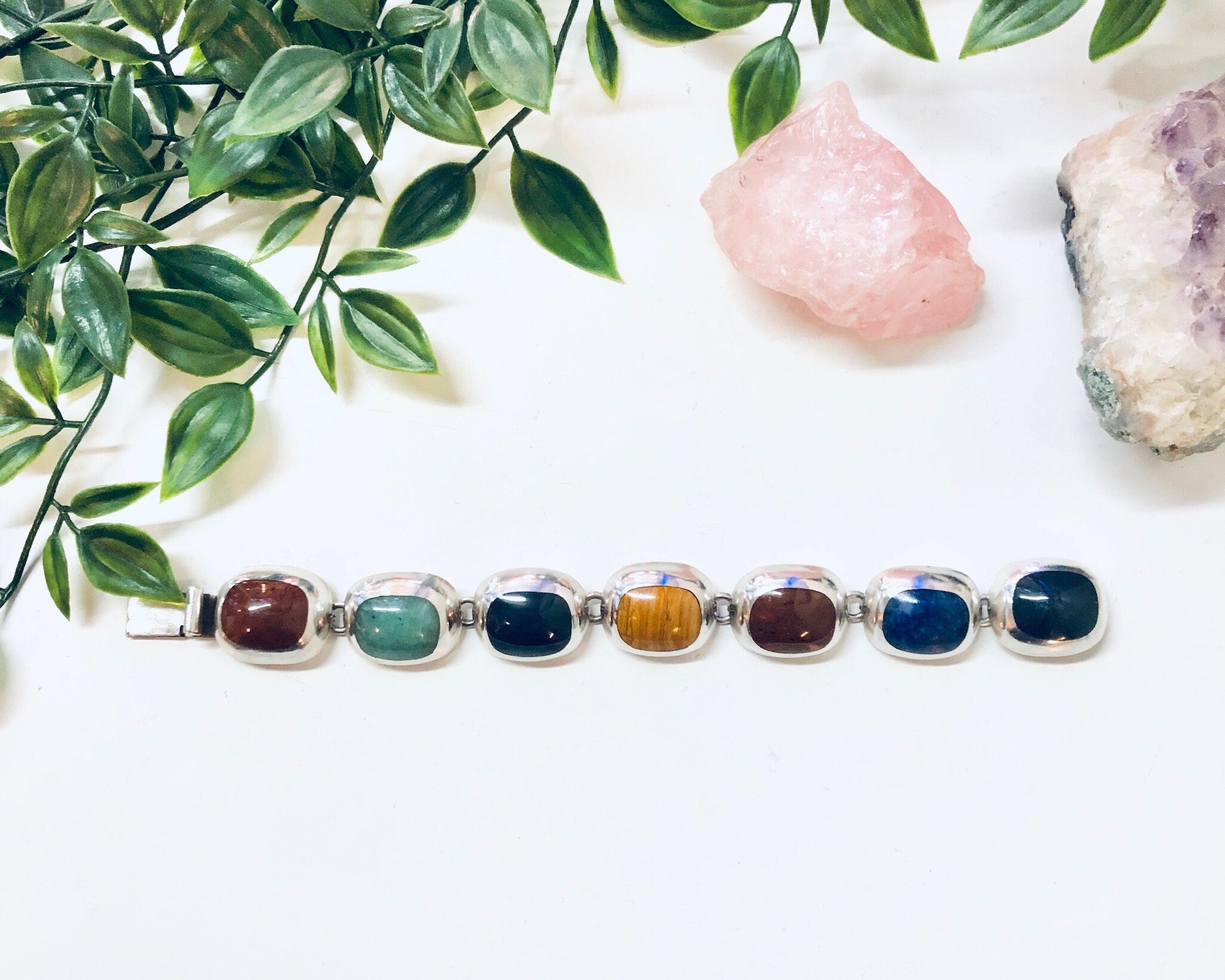 Vintage Silver Bracelet, Link Bracelet, Colorful Jewelry, Vintage Jewelry, Natural Stones, Black Onyx Bracelet, Link Bracelet, Tigers Eye