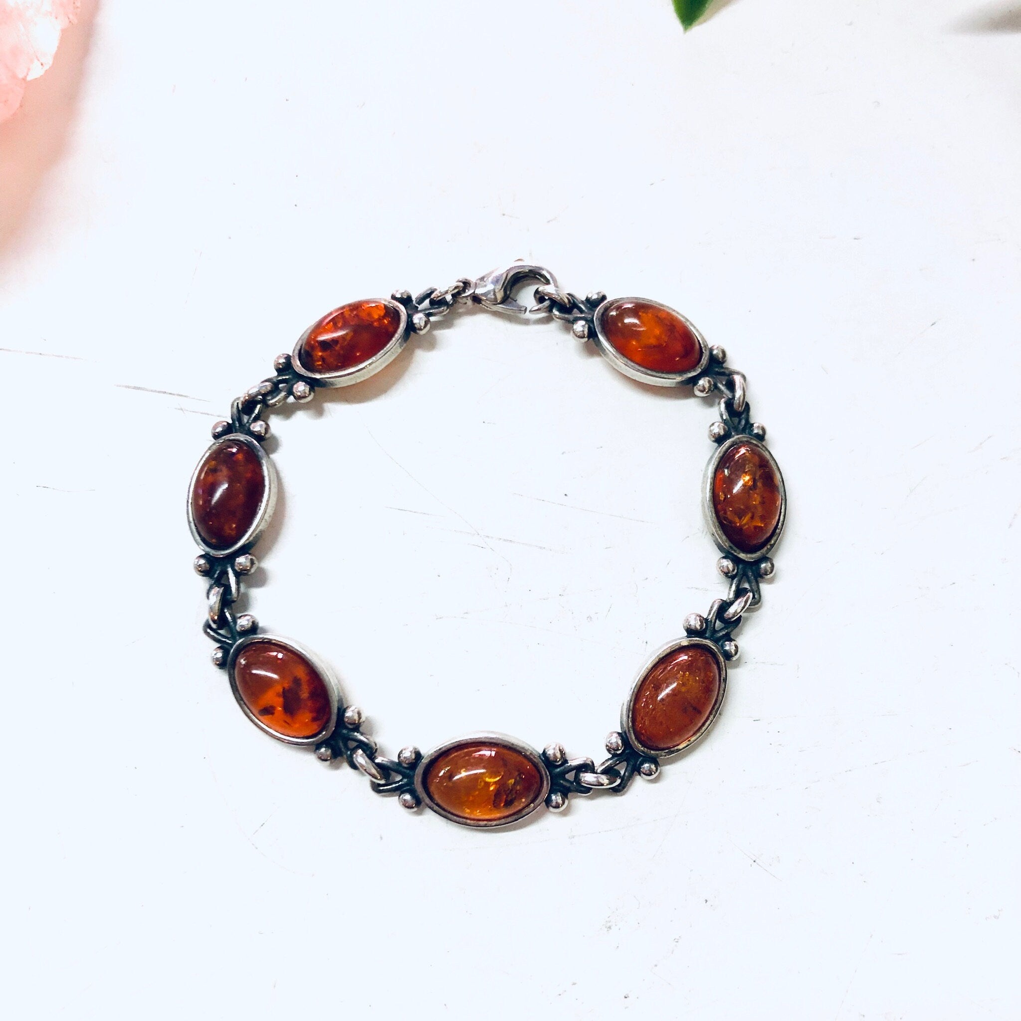 Vintage Amber Bracelet, Silver Bracelet, Vintage Jewelry, Amber Jewelry, Link Bracelet, Statement Jewelry, Valentines Day Gift, Orange Stone