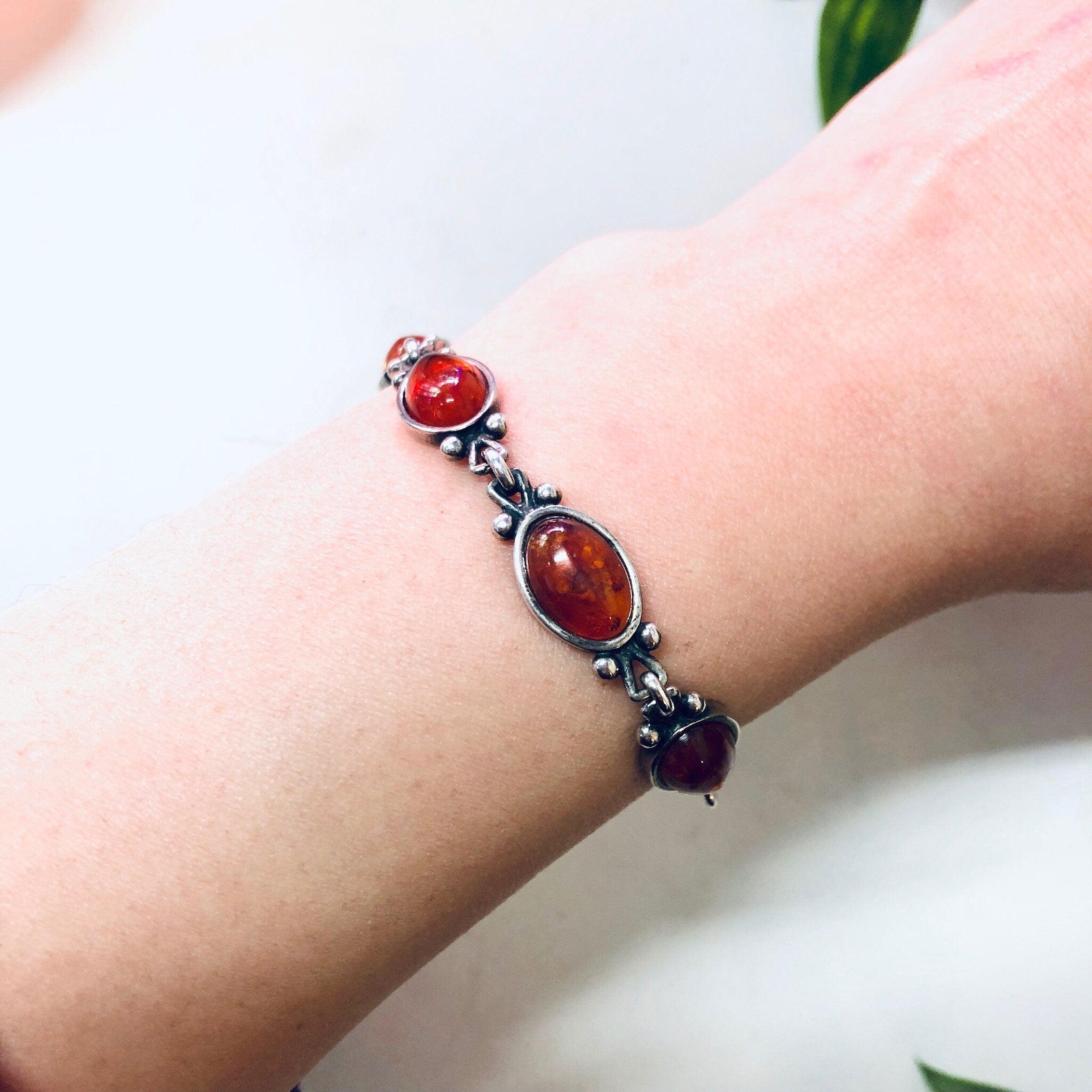 Vintage Amber Bracelet, Silver Bracelet, Vintage Jewelry, Amber Jewelry, Link Bracelet, Statement Jewelry, Valentines Day Gift, Orange Stone