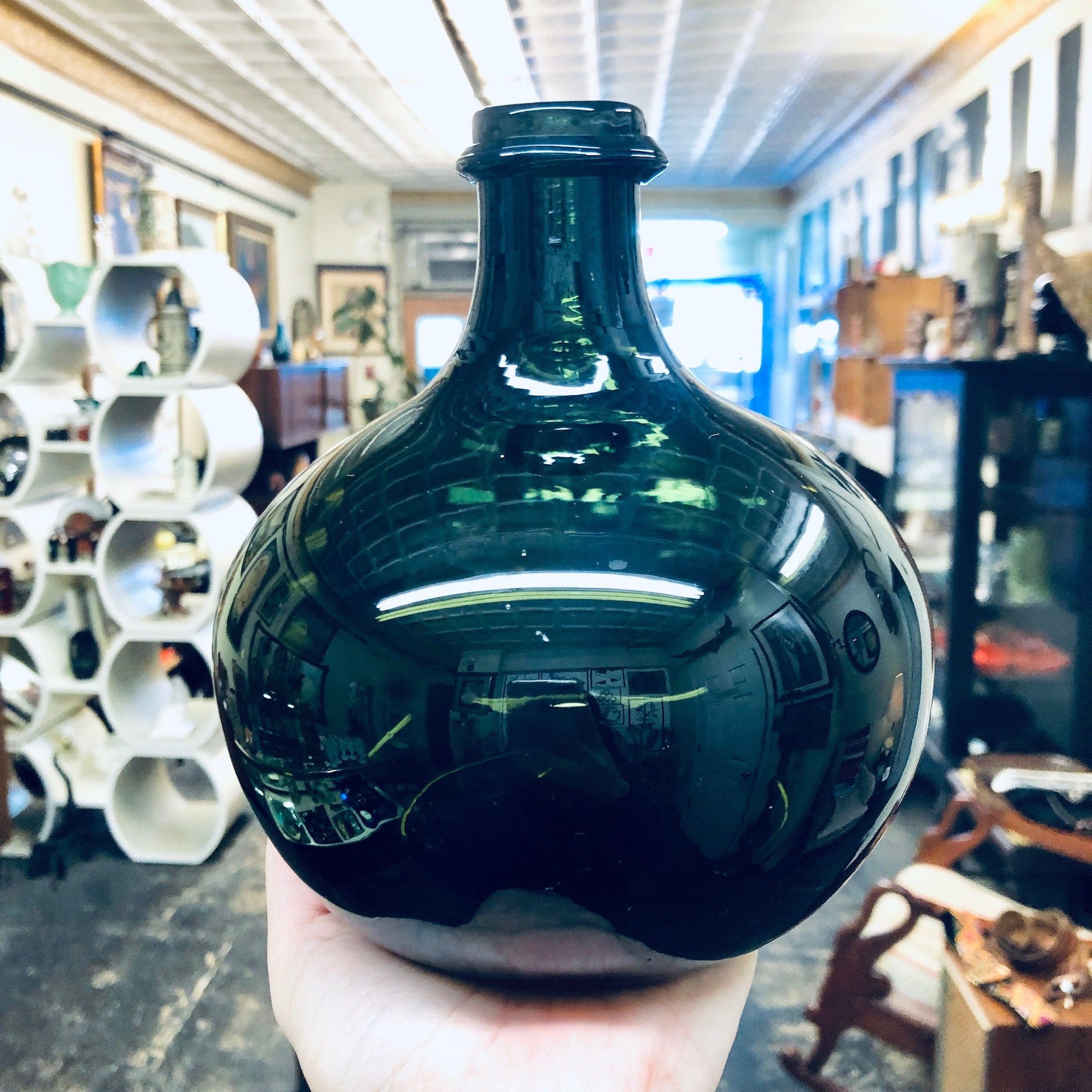 Vintage Glass Bottle, Green Glass Bottle, Vintage Home Decor, Hand Blown Glass, Dark Green Glass, Vintage Vase, Centerpiece, Collectible