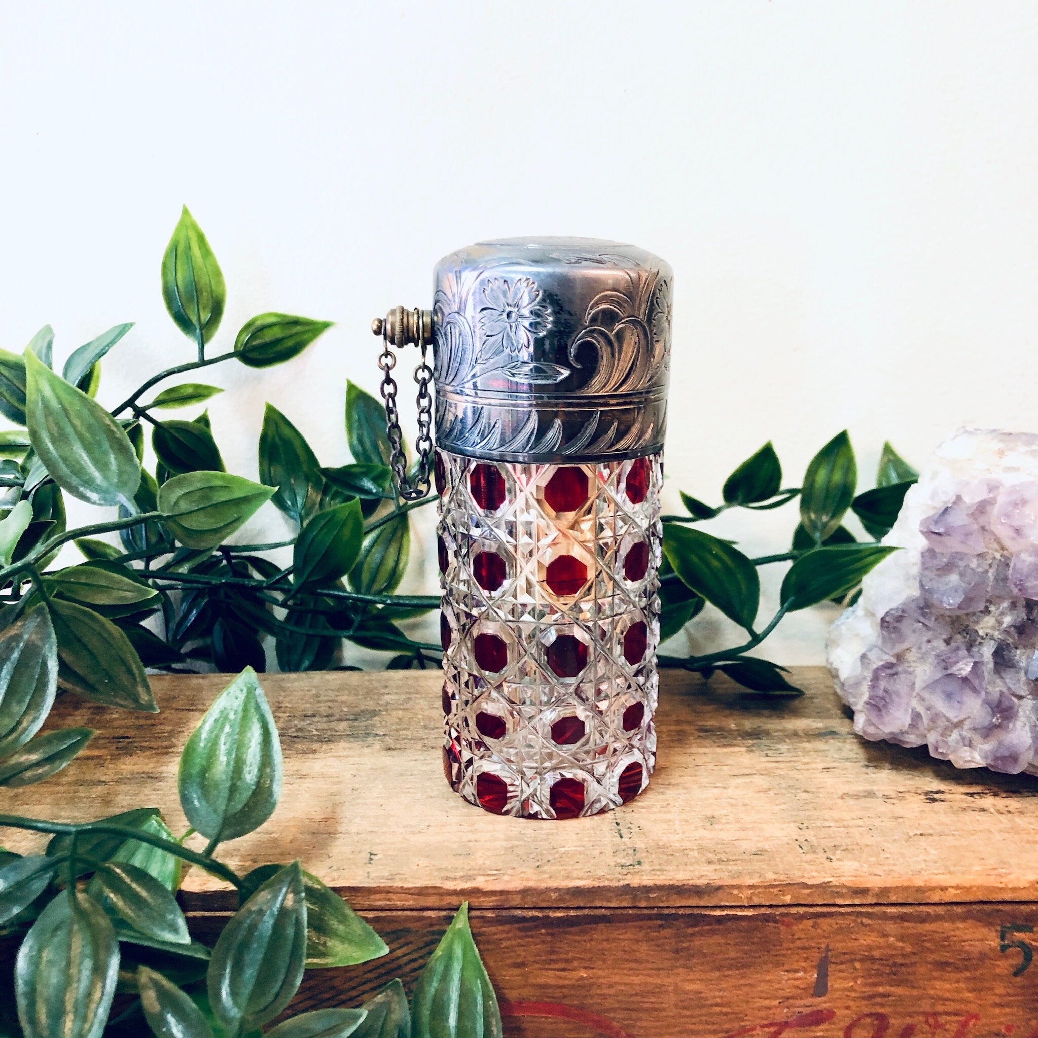 Vintage Perfume Atomizer, Etched Glass Bottle, Vintage Perfume Bottle, Etched Silver Bottle, Floral Etched Bottle, Vintage Decor, Red Glass