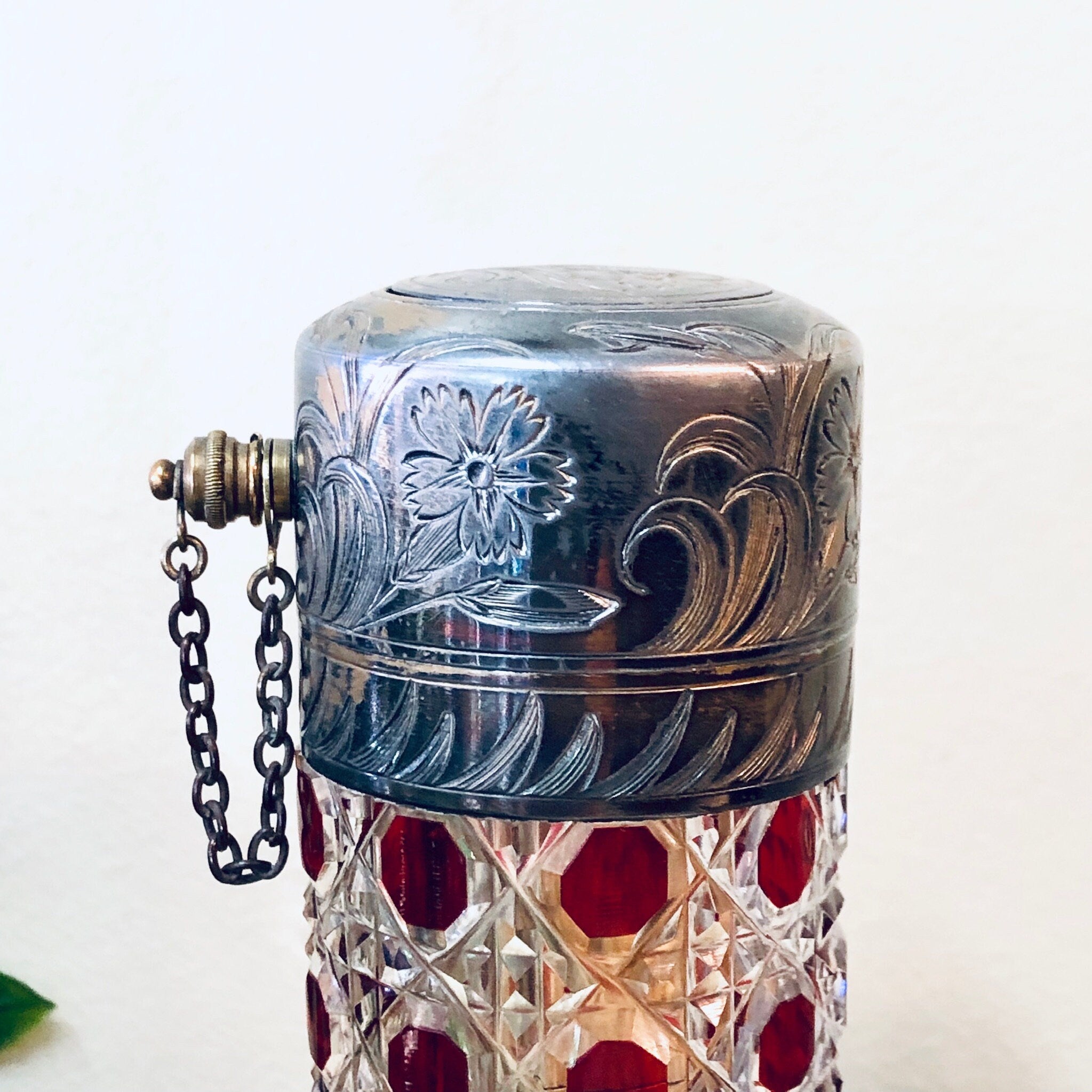 Vintage Perfume Atomizer, Etched Glass Bottle, Vintage Perfume Bottle, Etched Silver Bottle, Floral Etched Bottle, Vintage Decor, Red Glass
