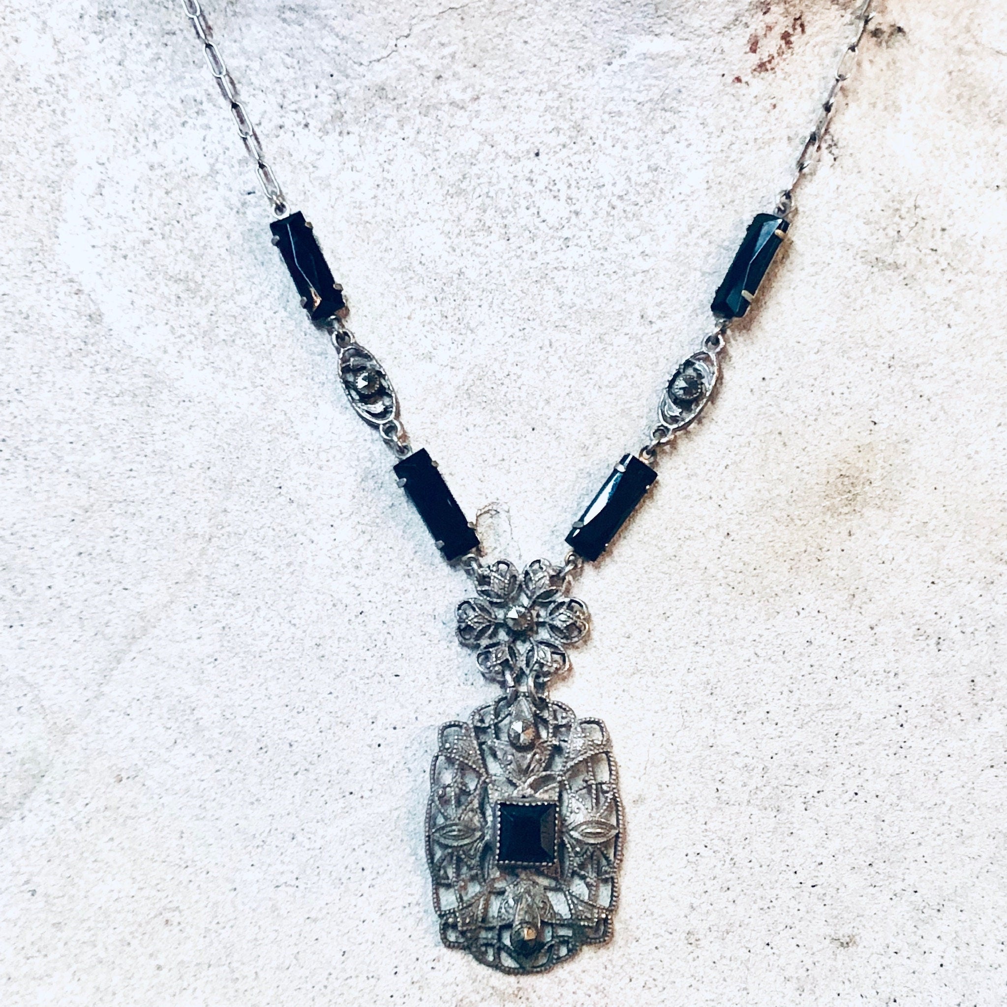 Vintage Necklace, Silver Necklace, Black Onyx, Victorian Style Necklace, Simple Chain, Marcasite Jewelry, Black and Silver, Vintage Jewelry
