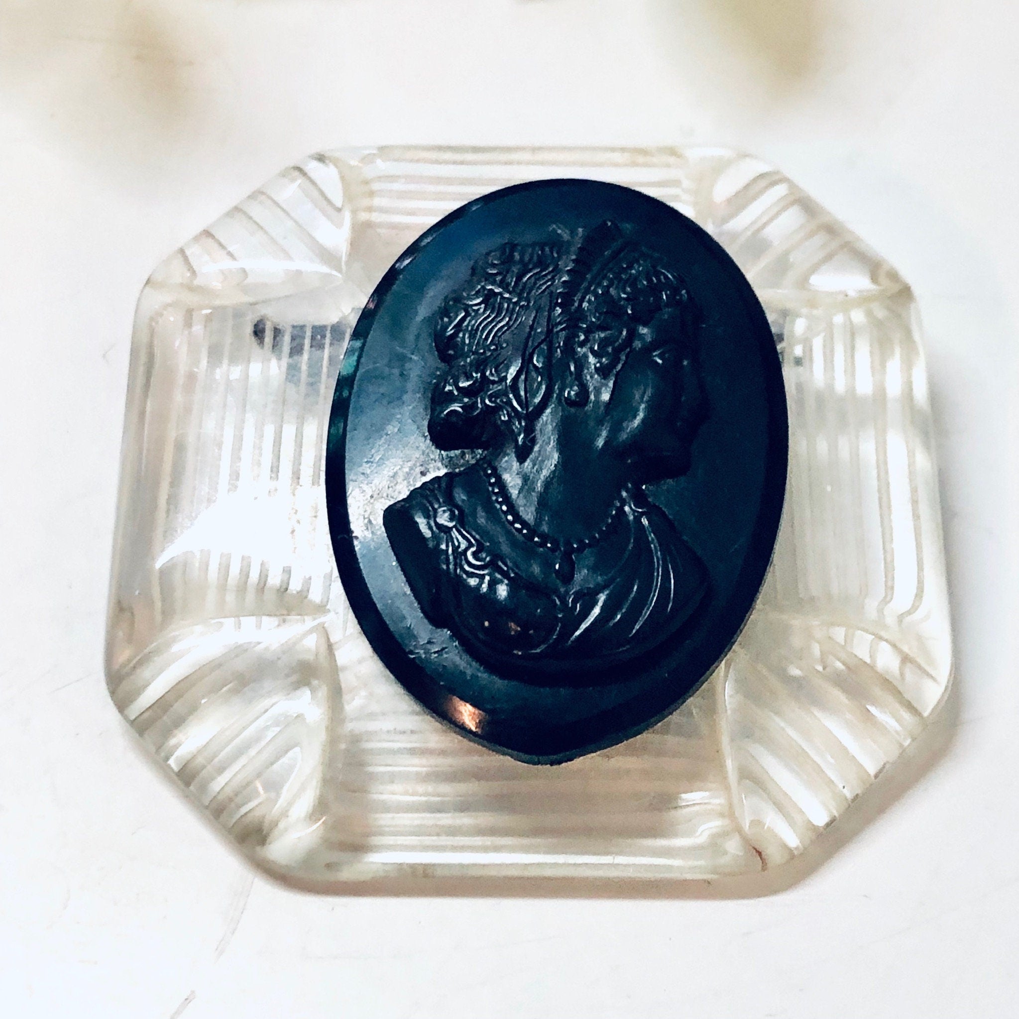 Vintage Cameo, Cameo Brooch, Vintage Jewelry, Black Cameo, Black and Clear, Victorian Style, Unique Jewelry, Large Cameo, Ornate Jewelry