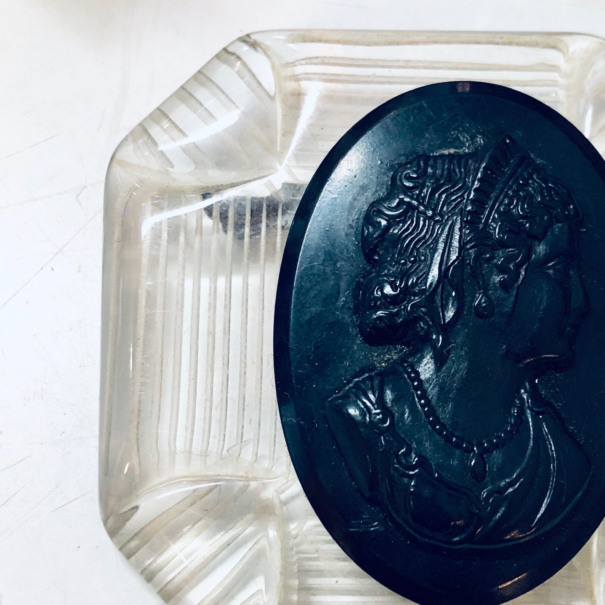 Vintage Cameo, Cameo Brooch, Vintage Jewelry, Black Cameo, Black and Clear, Victorian Style, Unique Jewelry, Large Cameo, Ornate Jewelry